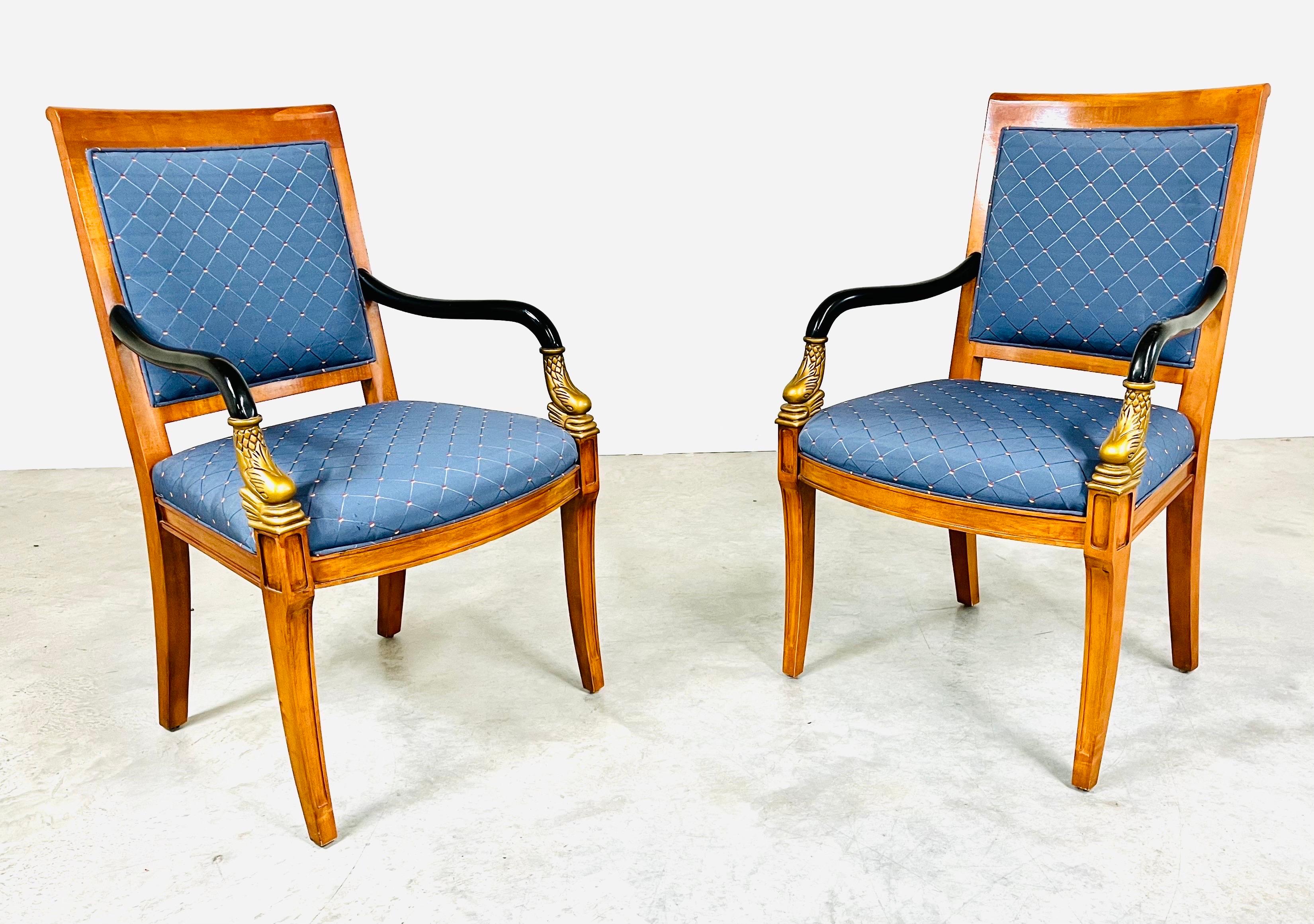 An elegant set of 2 dining armchairs and 4 side chairs in the manner of Biedermeier having Koi accents on the armchairs and burl backrests on the side chairs by Century Firniture -1989. 
Wonderful, solid condition throughout with 2 side chair