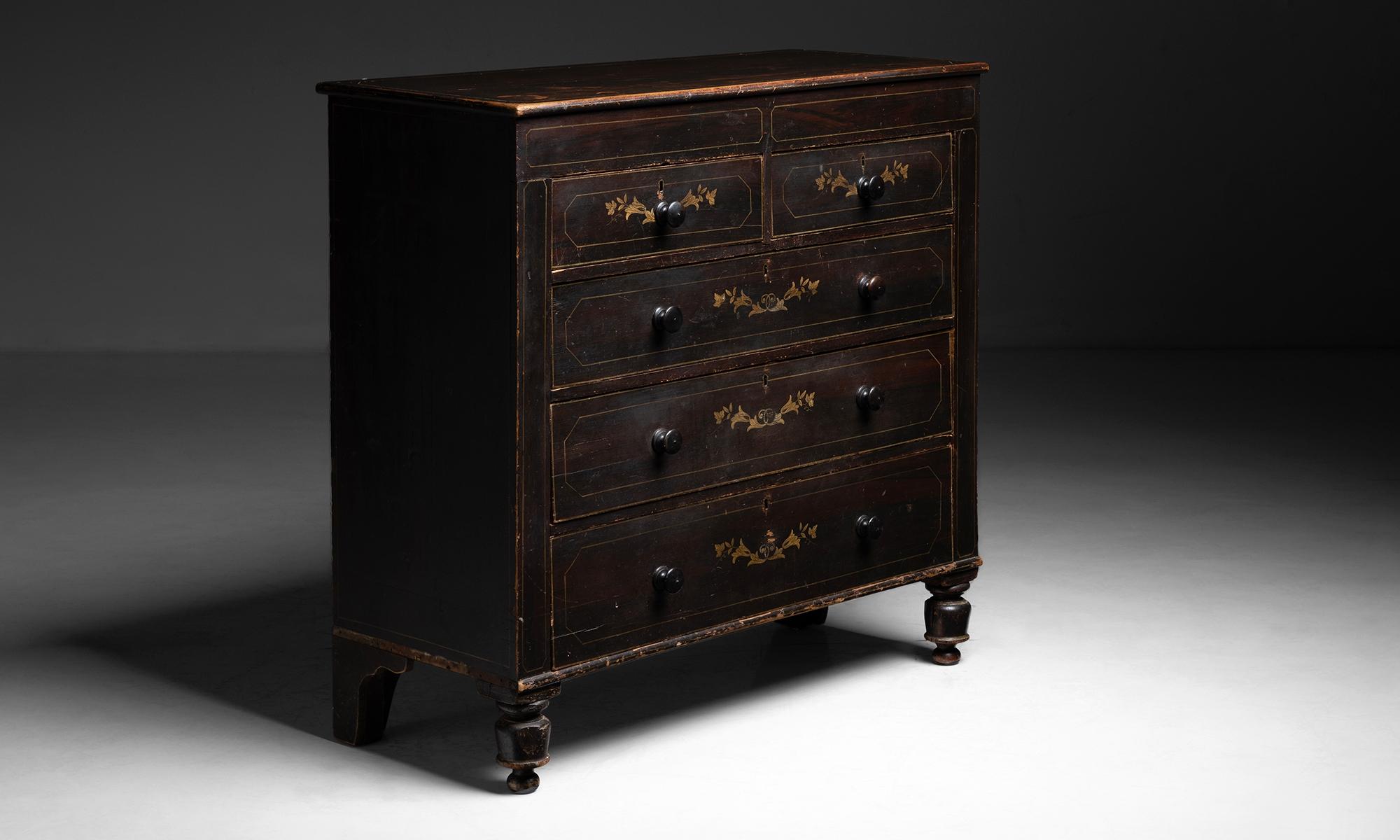 Regency Chest of Drawers

England circa 1830

Constructed from pine with faux rosewood grain and pin striping.

47”L x 20”d x 45.25”h