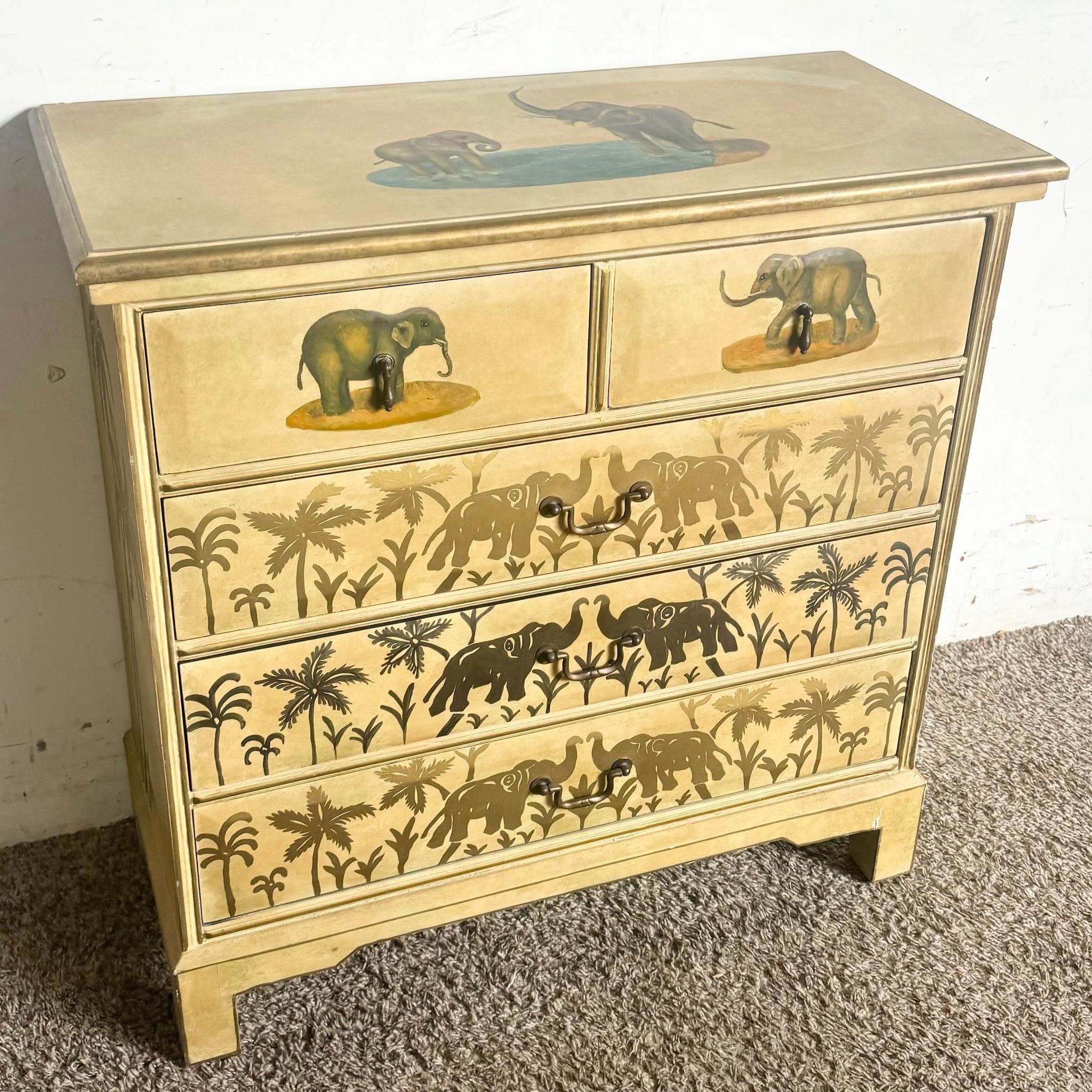 Ajoutez une touche naturelle à votre décor avec cette commode Regency aux motifs d'éléphants peints à la main. L'artisanat élégant et l'œuvre d'art unique font de cette pièce un mélange parfait de sophistication et de fantaisie. Idéale pour ajouter