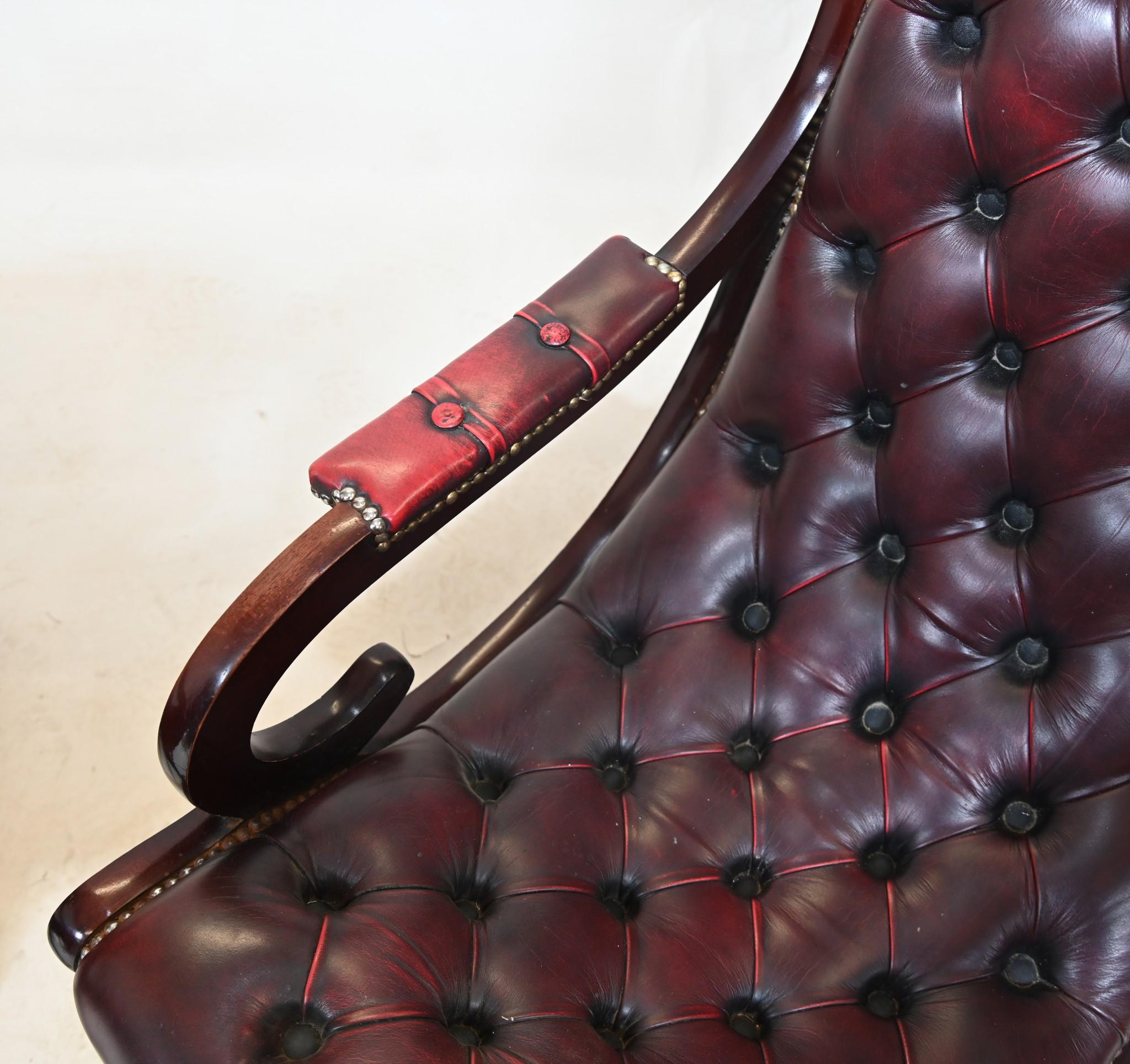 Gorgeous Regency style Chesterfield arm chair
Features the classic deep button design to red leather
Very comfortable to sit in with cushioned arms
Mahogany frame so solid and wobble free
Great pair, perfect to lift any room or interior
Offered in