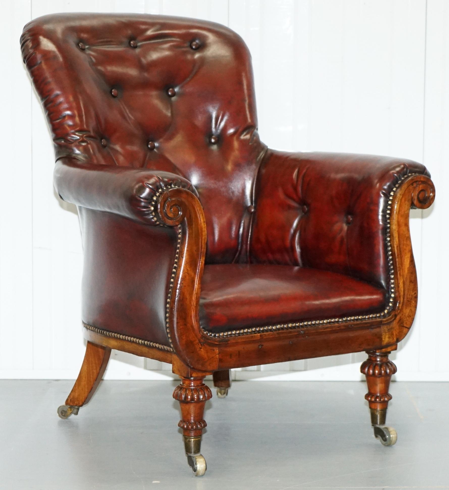 We are delighted to offer for sale this absolutely stunning fully restored hand dyed Bordeaux leather period Regency mahogany Chesterfield Porters armchair in the manner of Gillows.

A very good looking and classily designed Regency piece, this