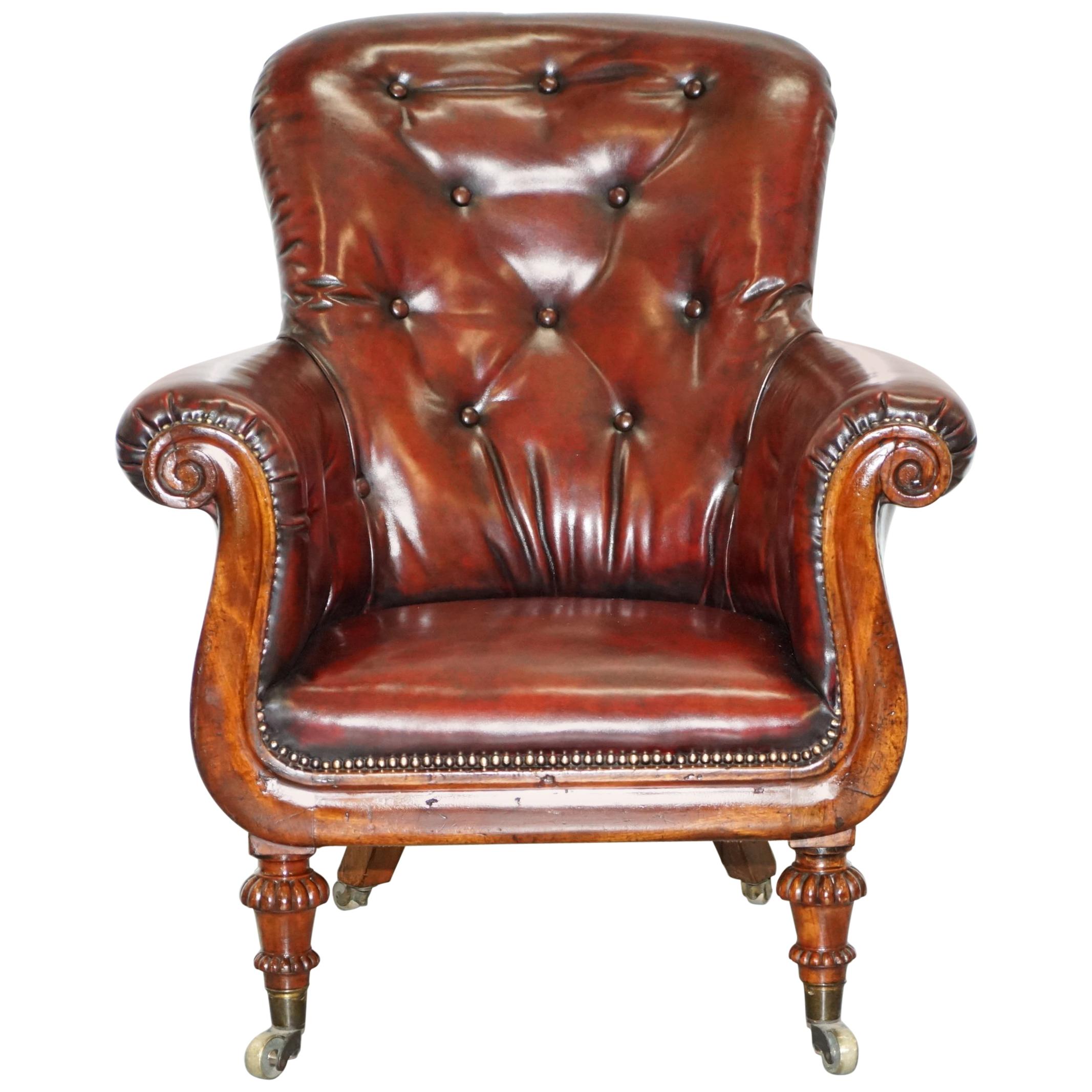Regency Chesterfield Bordeaux Leather Porters Armchair in the Manner of Gillows