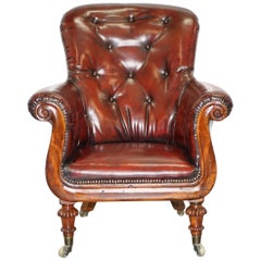 Antique Regency Chesterfield Bordeaux Leather Porters Armchair in the Manner of Gillows