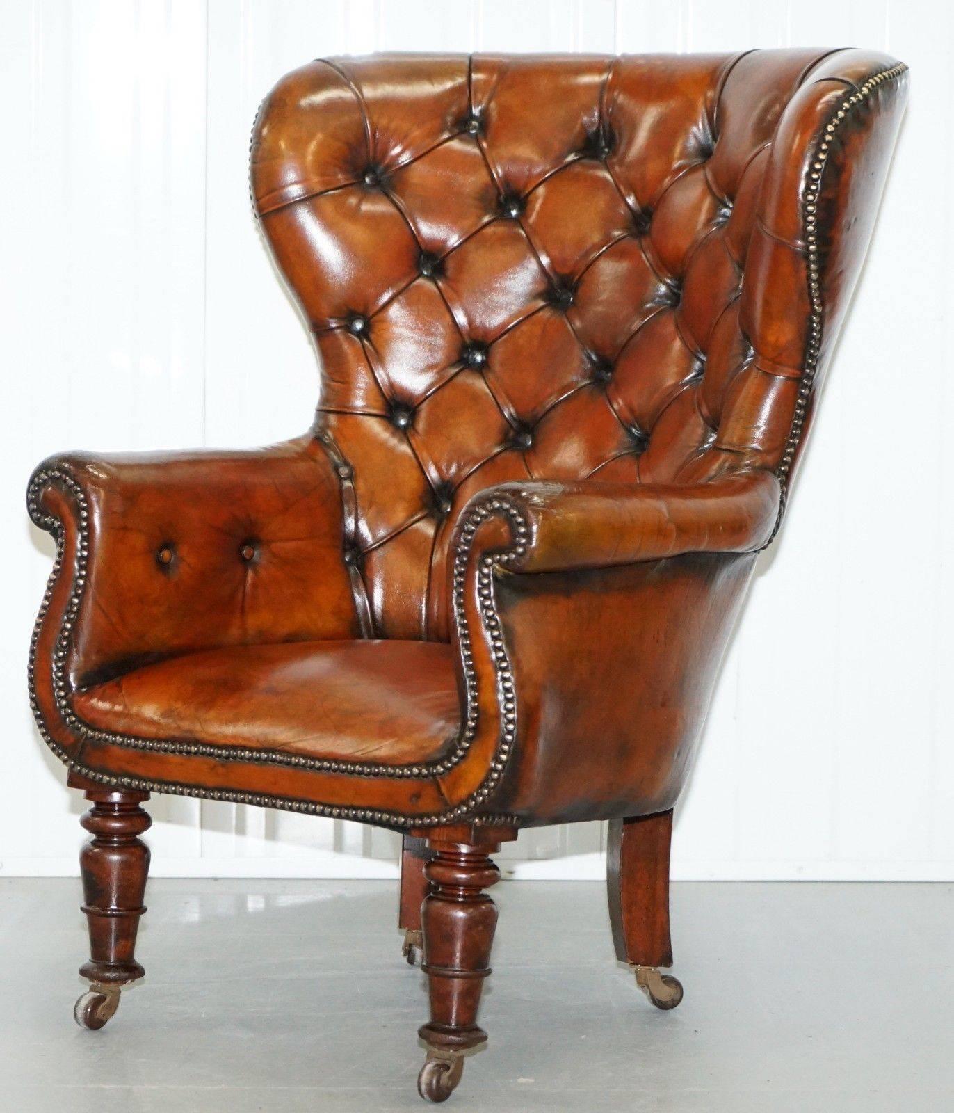 Regency Chesterfield Brown Leather Porters Armchair in the Manor of Gillows For Sale 6