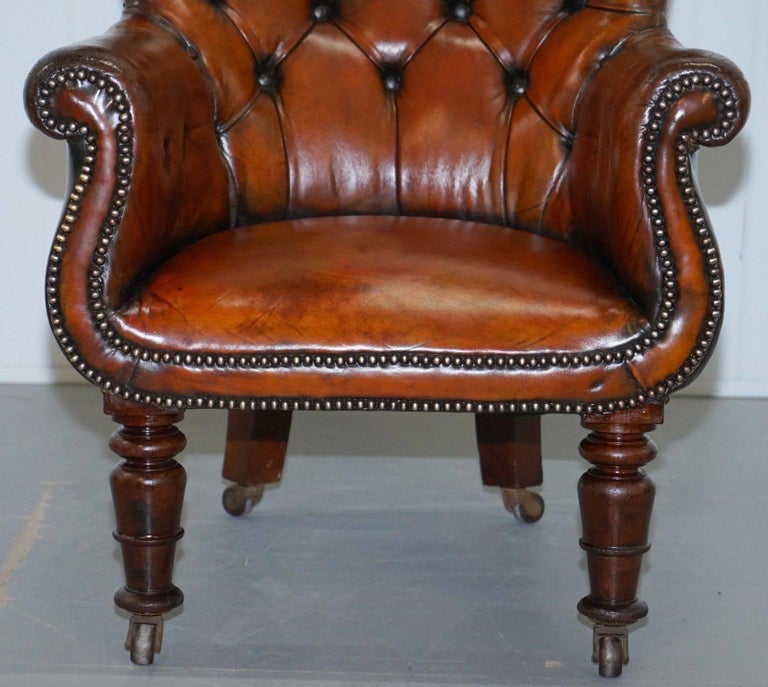British Regency Chesterfield Brown Leather Porters Armchair in the Manor of Gillows For Sale