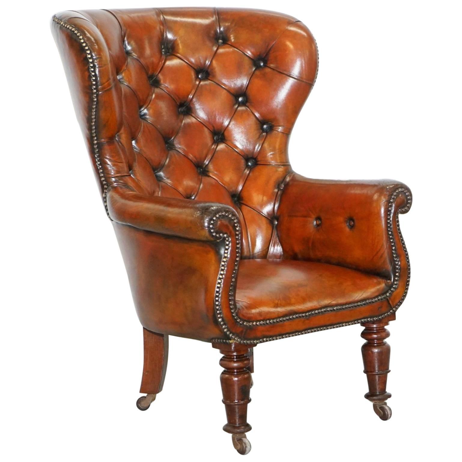 Regency Chesterfield Brown Leather Porters Armchair in the Manor of Gillows For Sale