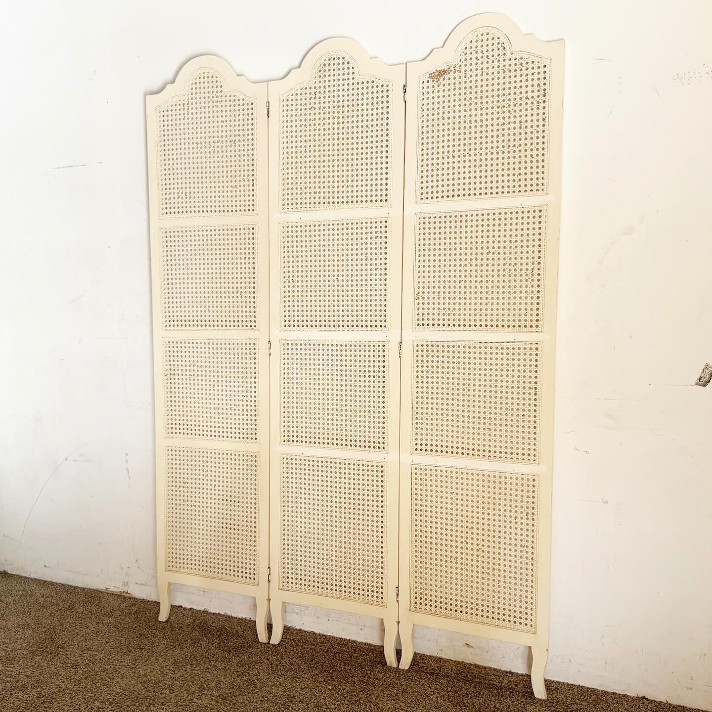 Enhance your space with the Regency Chic Off White Cane Room Divider/Screen. This elegant divider offers both privacy and style, featuring a sophisticated off-white finish and intricate cane work. Its semi-transparent design allows light to pass
