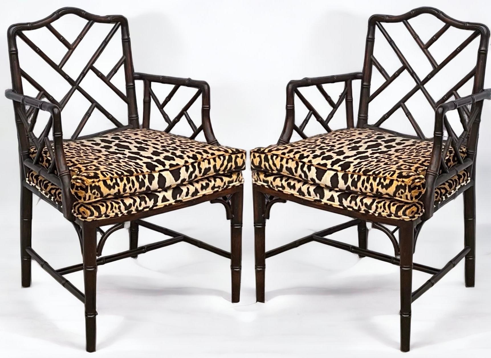 Regency Chinese Chippendale Style Faux Bamboo Arm Chairs In Velvet Leopard -Pair 5