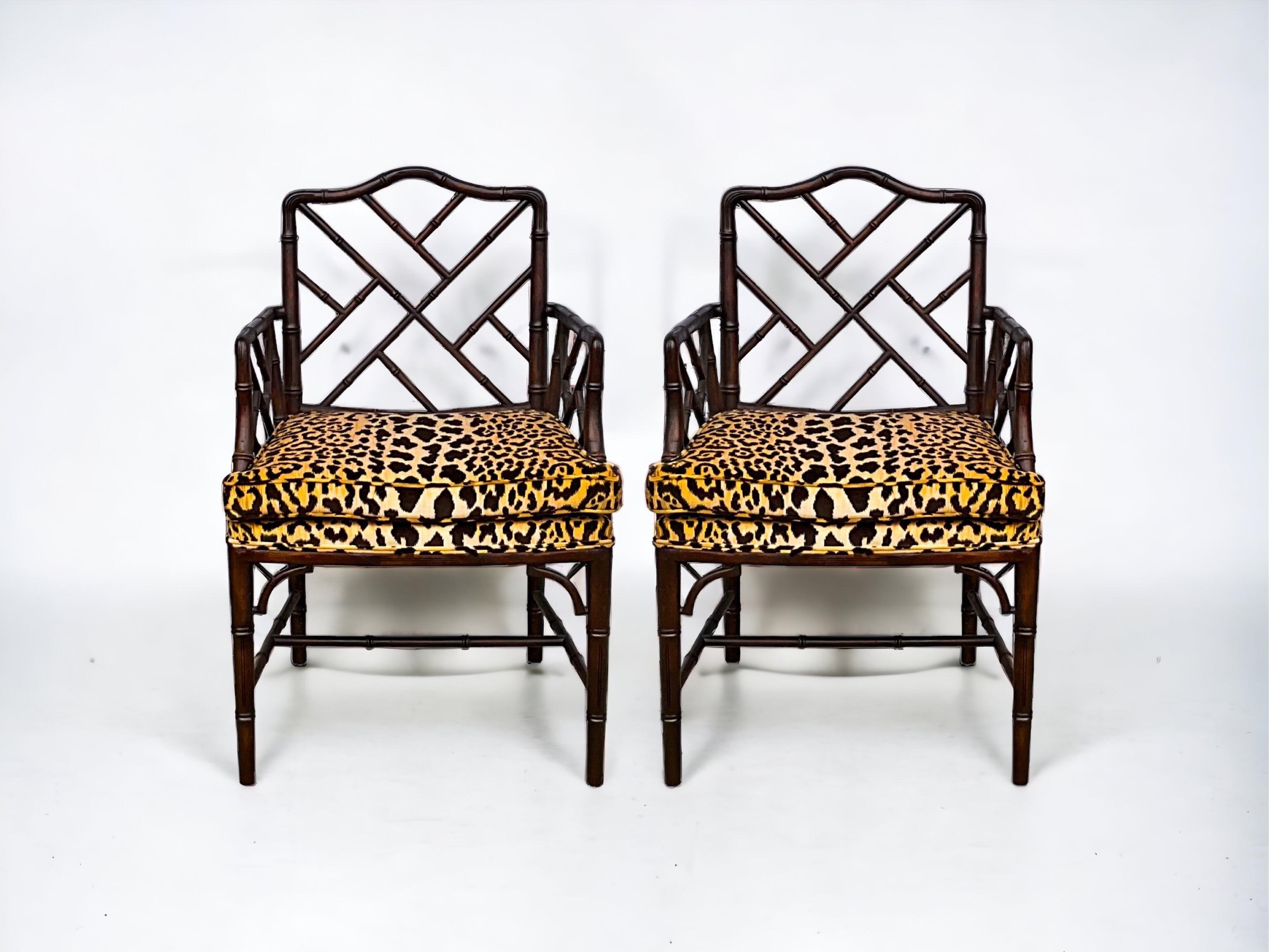American Regency Chinese Chippendale Style Faux Bamboo Arm Chairs In Velvet Leopard -Pair For Sale