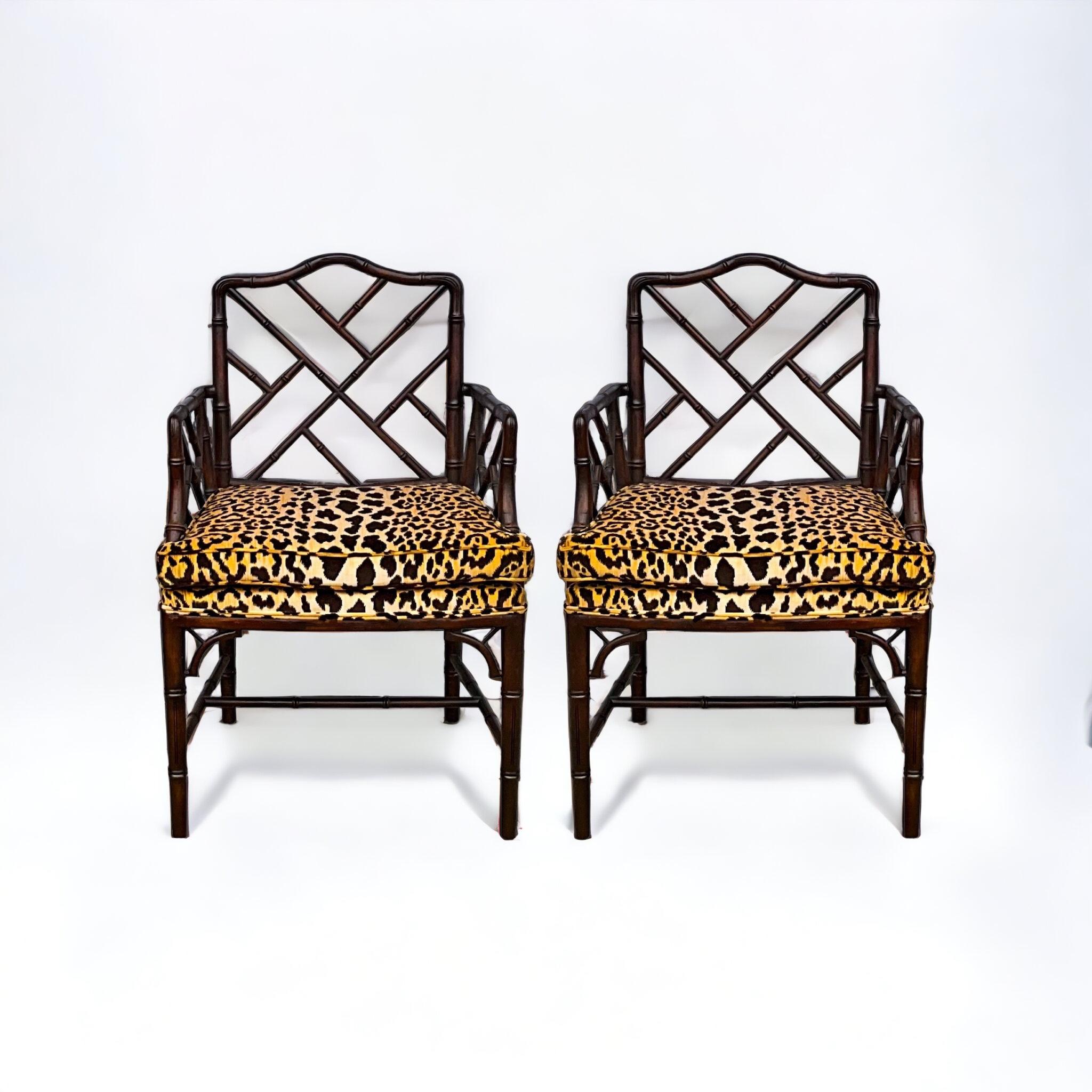 Regency Chinese Chippendale Style Faux Bamboo Arm Chairs In Velvet Leopard -Pair In Good Condition For Sale In Kennesaw, GA