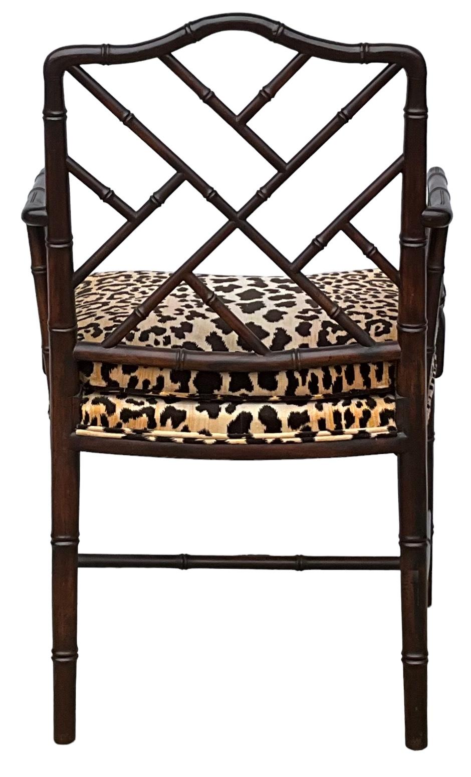 20th Century Regency Chinese Chippendale Style Faux Bamboo Arm Chairs In Velvet Leopard -Pair For Sale