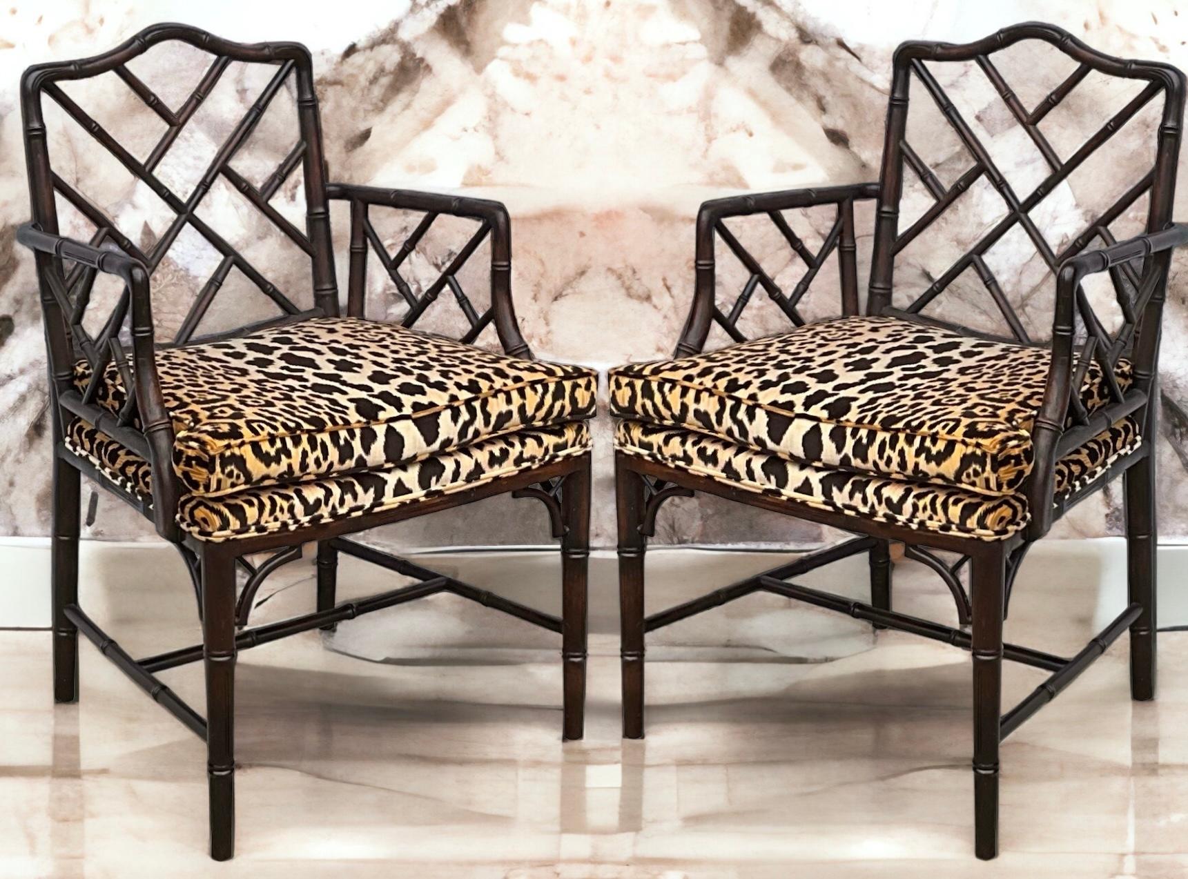 Regency Chinese Chippendale Style Faux Bamboo Arm Chairs In Velvet Leopard -Pair For Sale 1