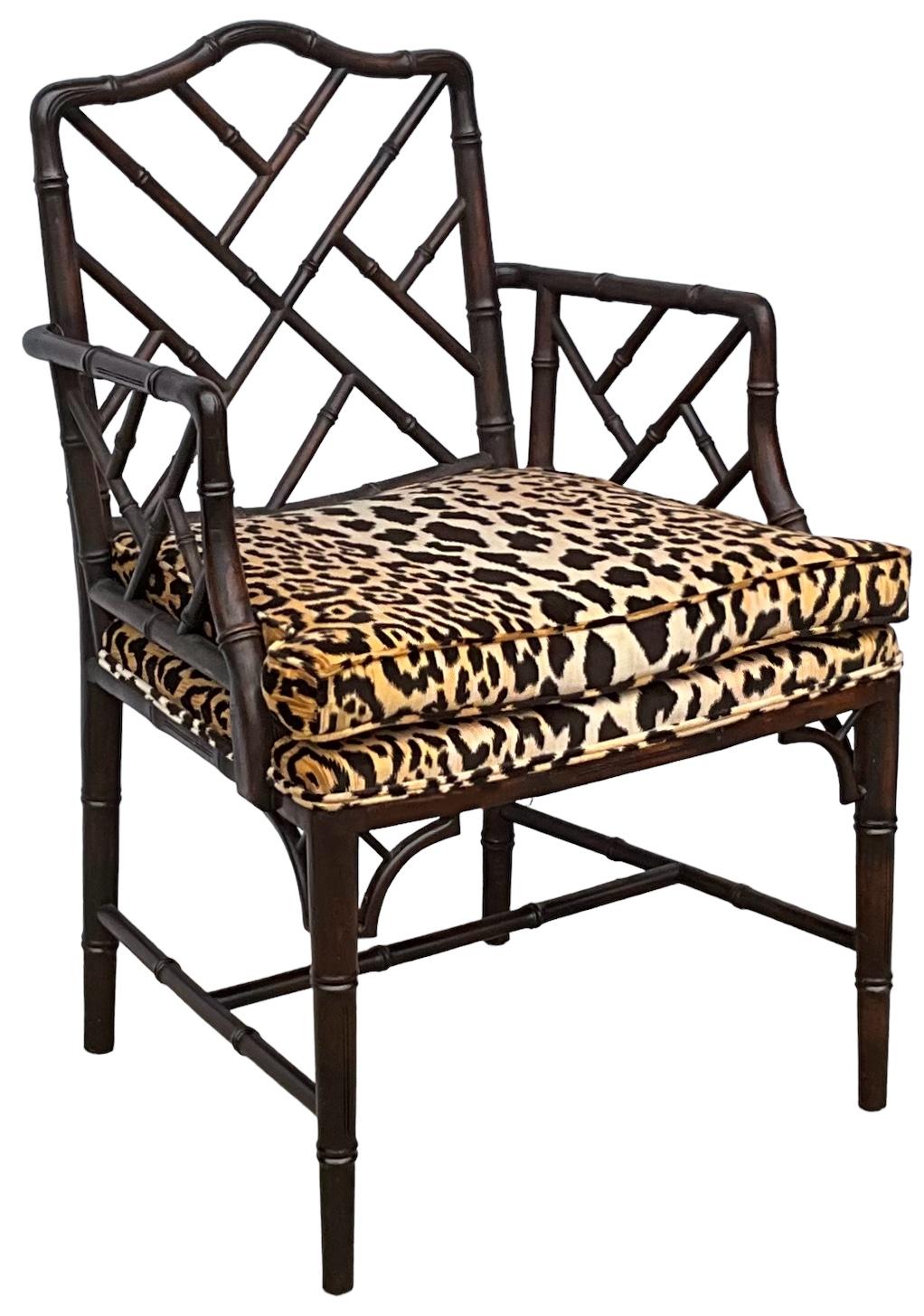 Regency Chinese Chippendale Style Faux Bamboo Arm Chairs In Velvet Leopard -Pair For Sale 2