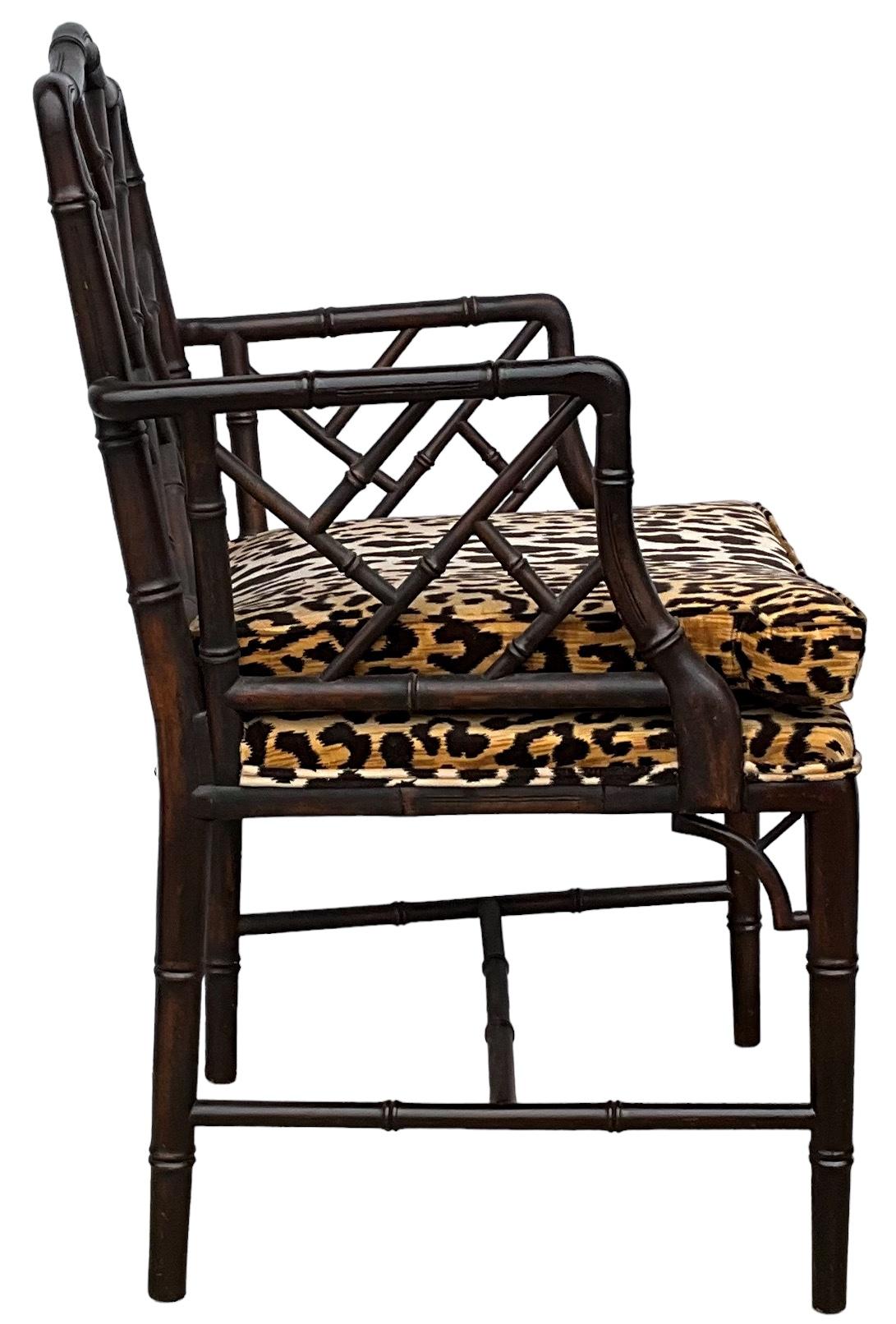 Regency Chinese Chippendale Style Faux Bamboo Arm Chairs In Velvet Leopard -Pair For Sale 3