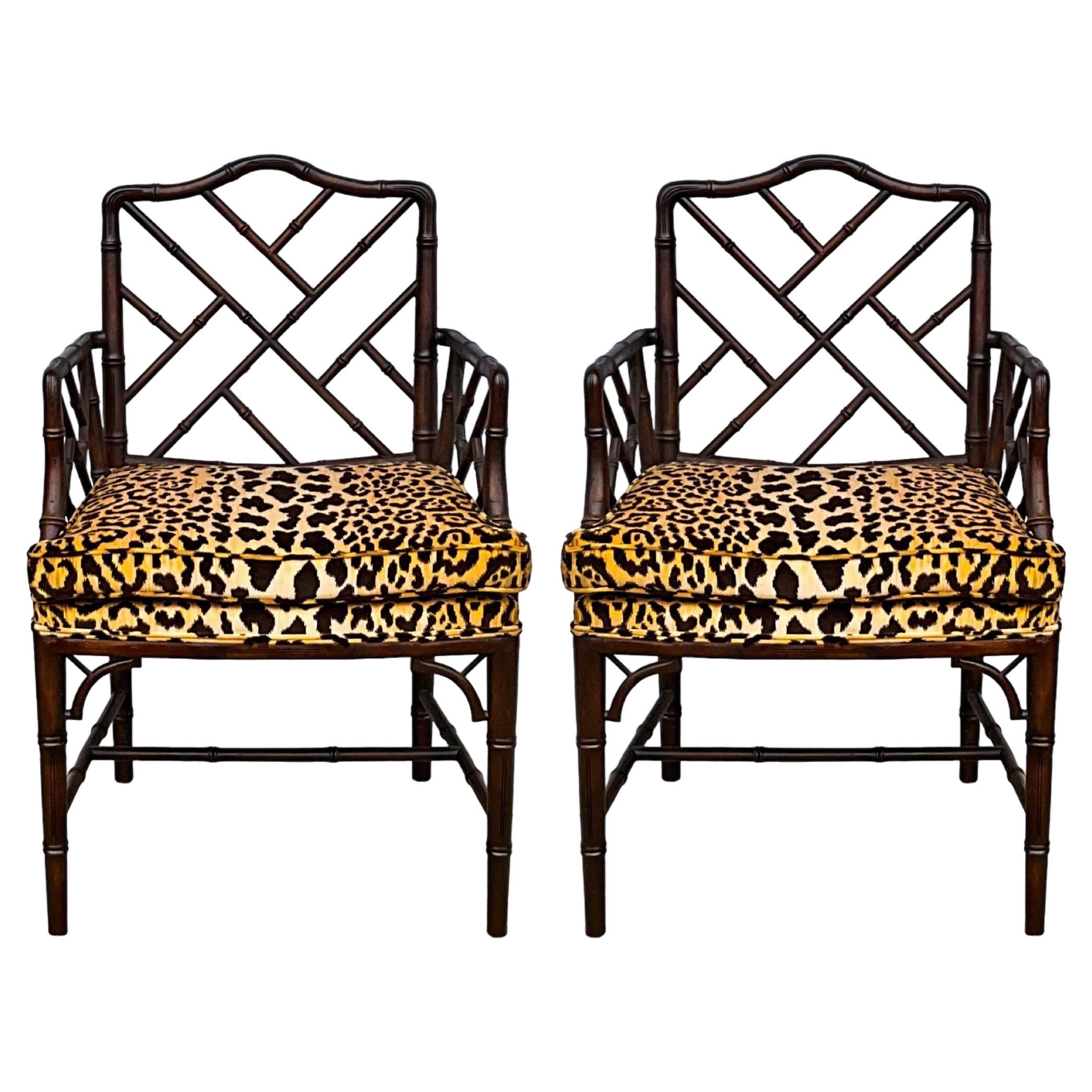 Regency Chinese Chippendale Style Faux Bamboo Arm Chairs In Velvet Leopard -Pair