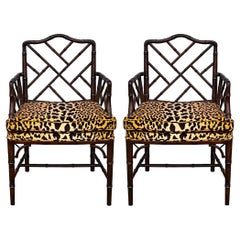 Vintage Regency Chinese Chippendale Style Faux Bamboo Arm Chairs In Velvet Leopard -Pair