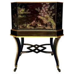 Regency Chinese Export Black Lacquer Jardinière Mother-of-Pearl Inlay Circa 1810