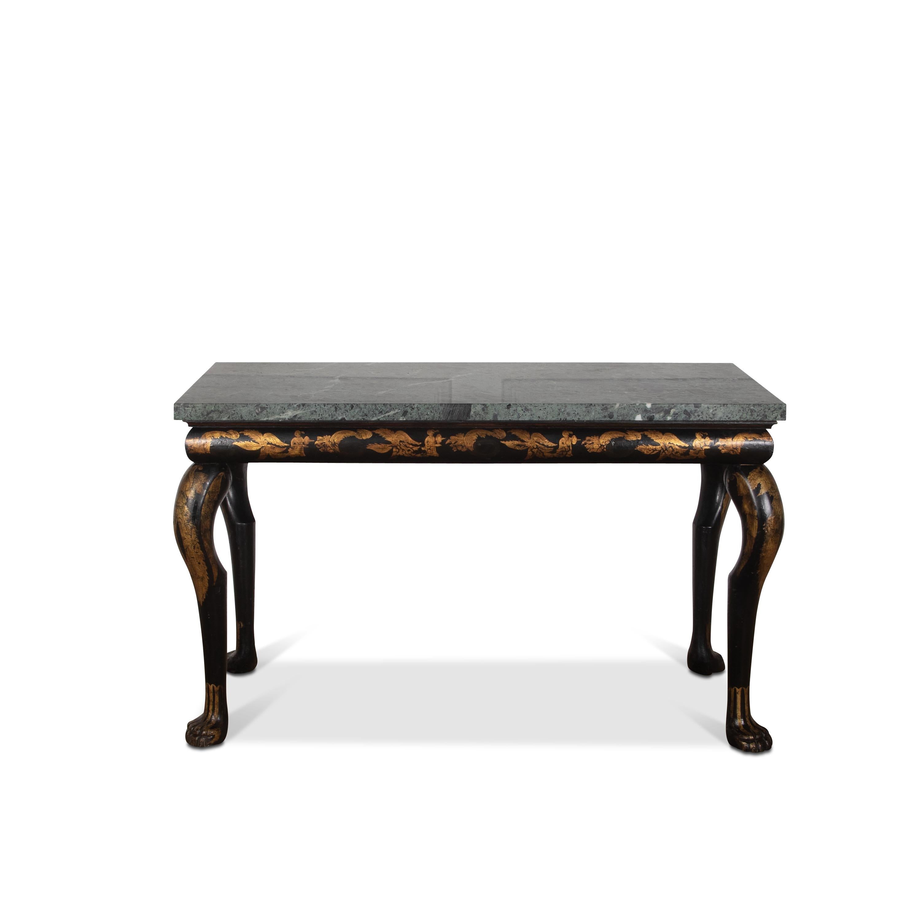 ﻿ An early 19th Century black and gilt chinoiserie marble top side/console table. The Greek green marble top above a cushion frame frieze with exaggerated cabriole legs and stylised paw feet. The whole in the original chinoiserie decoration of