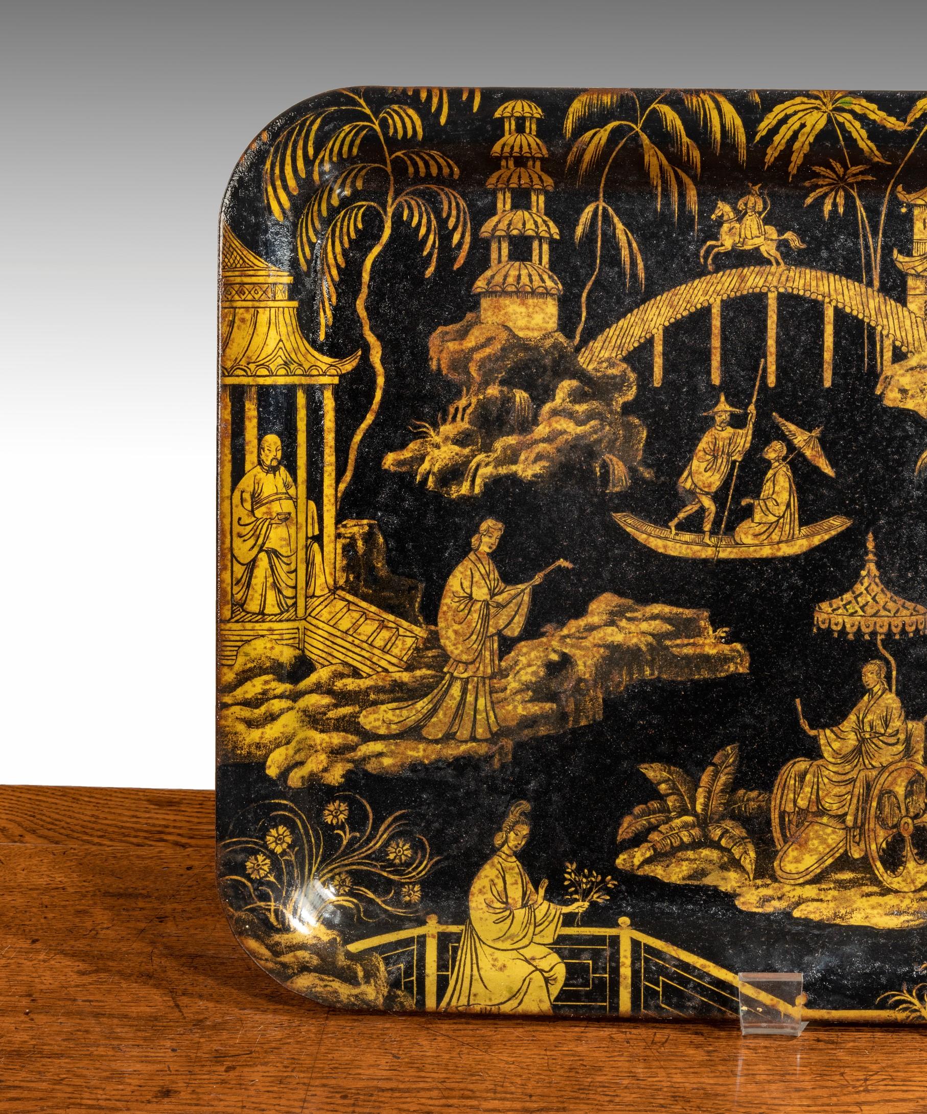 Painted Regency Chinoiserie Black and Gold Toleware Tray For Sale