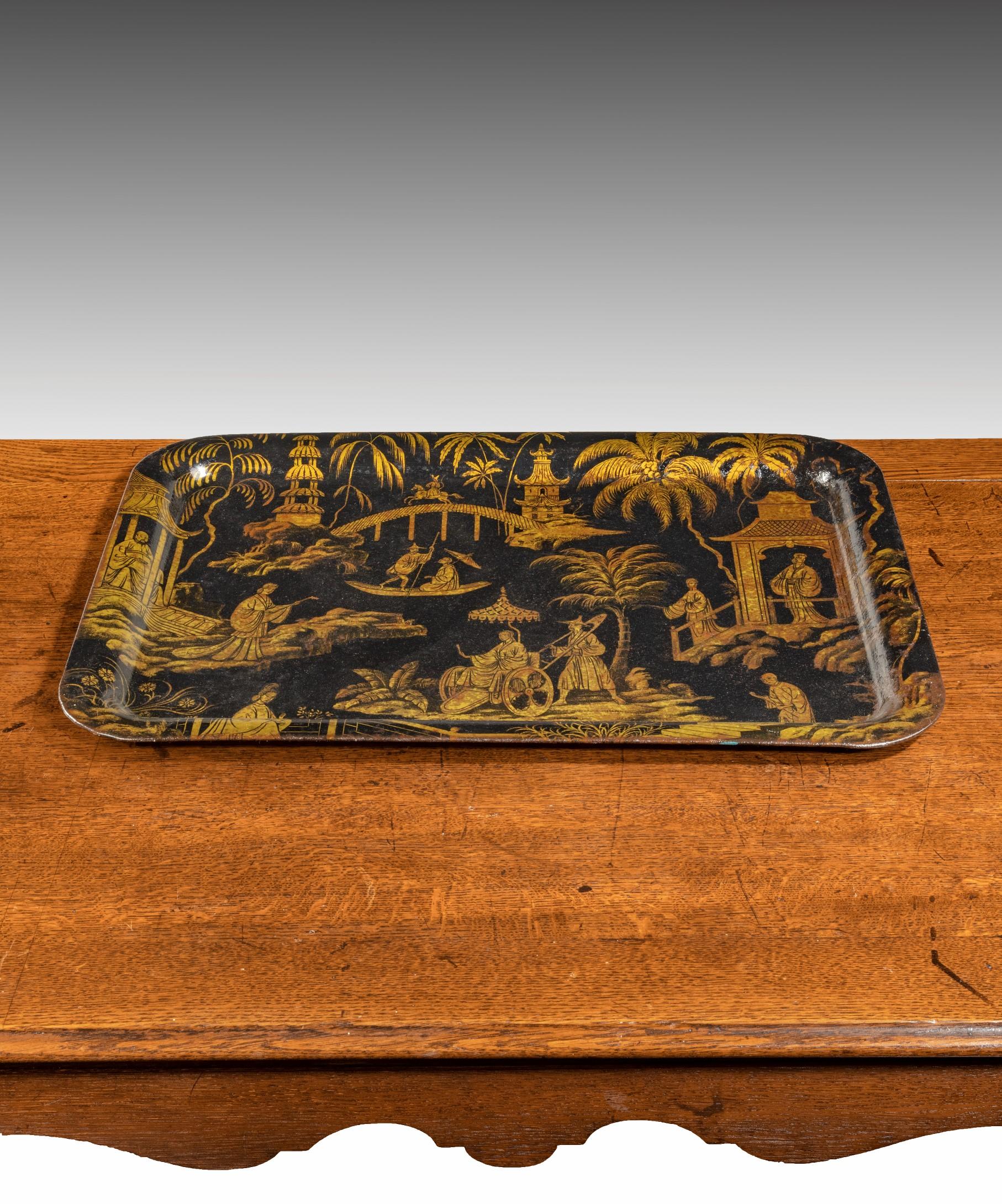 Early 19th Century Regency Chinoiserie Black and Gold Toleware Tray For Sale