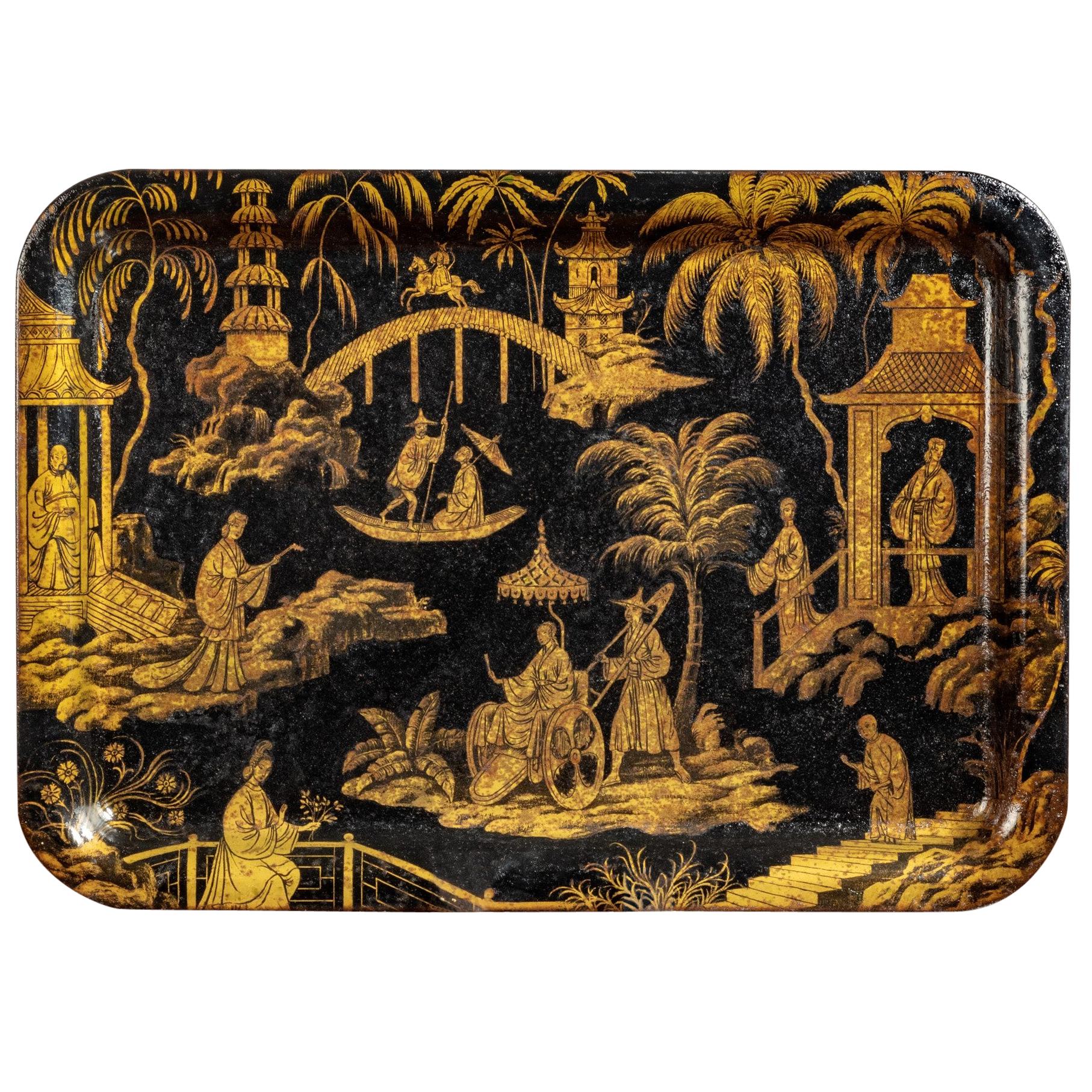 Regency Chinoiserie Black and Gold Toleware Tray For Sale