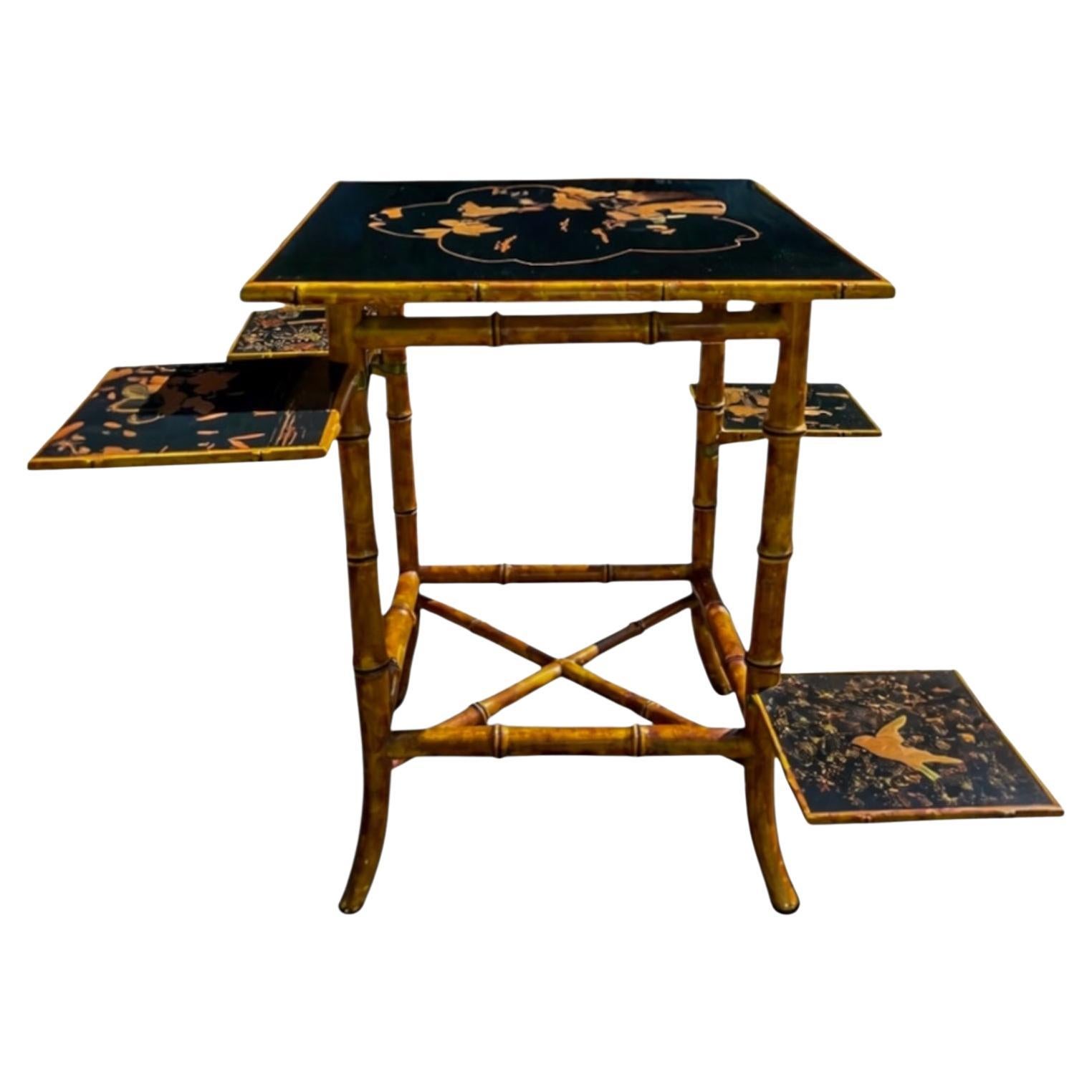 Regency Chinoiserie Burnt Bamboo Black Lacquer Plant Stand Side Table
