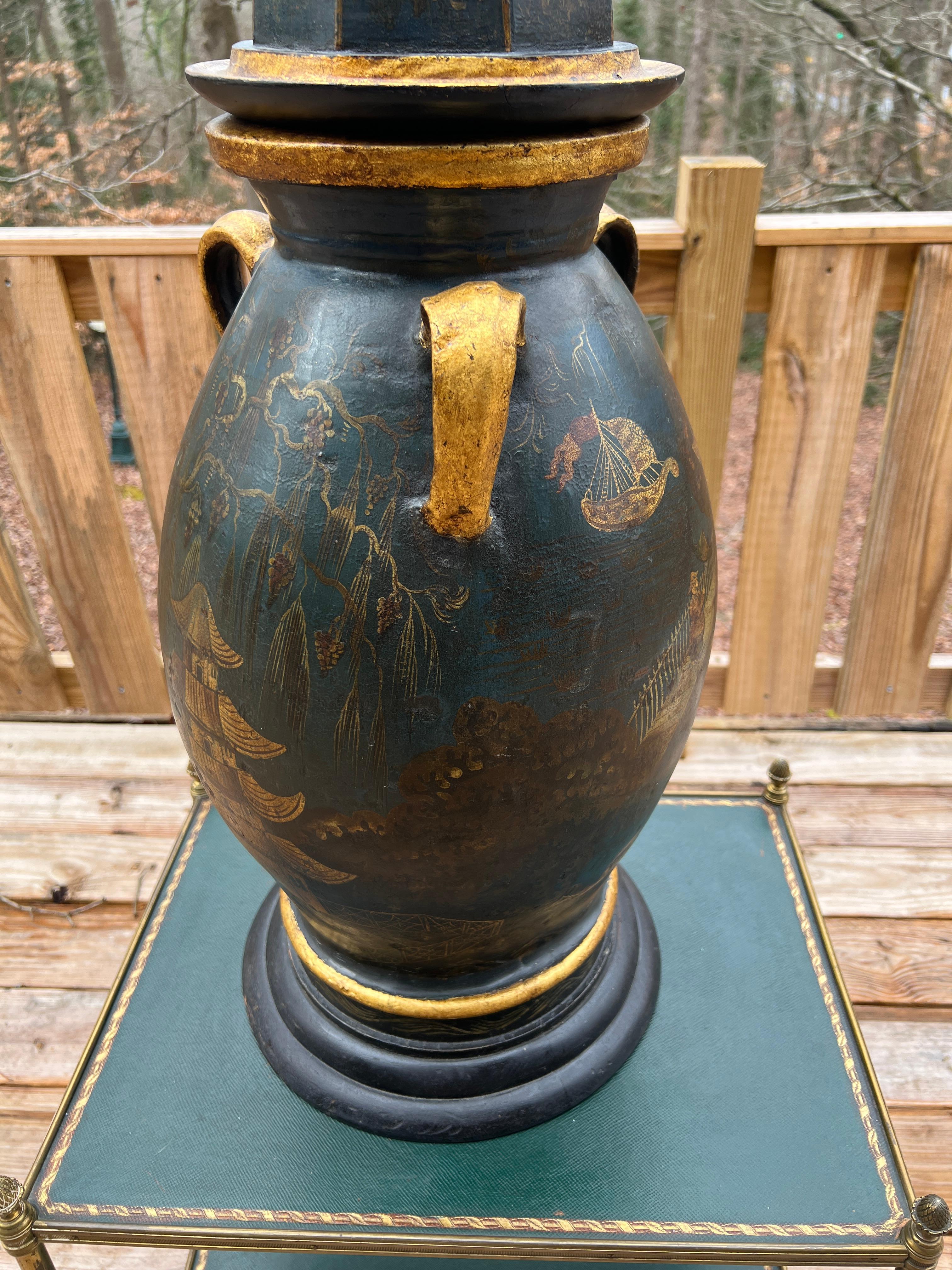 Regency Chinoiserie Decorated Gilt Wood & Tole Handled Urn or Centerpiece C 1820 For Sale 4