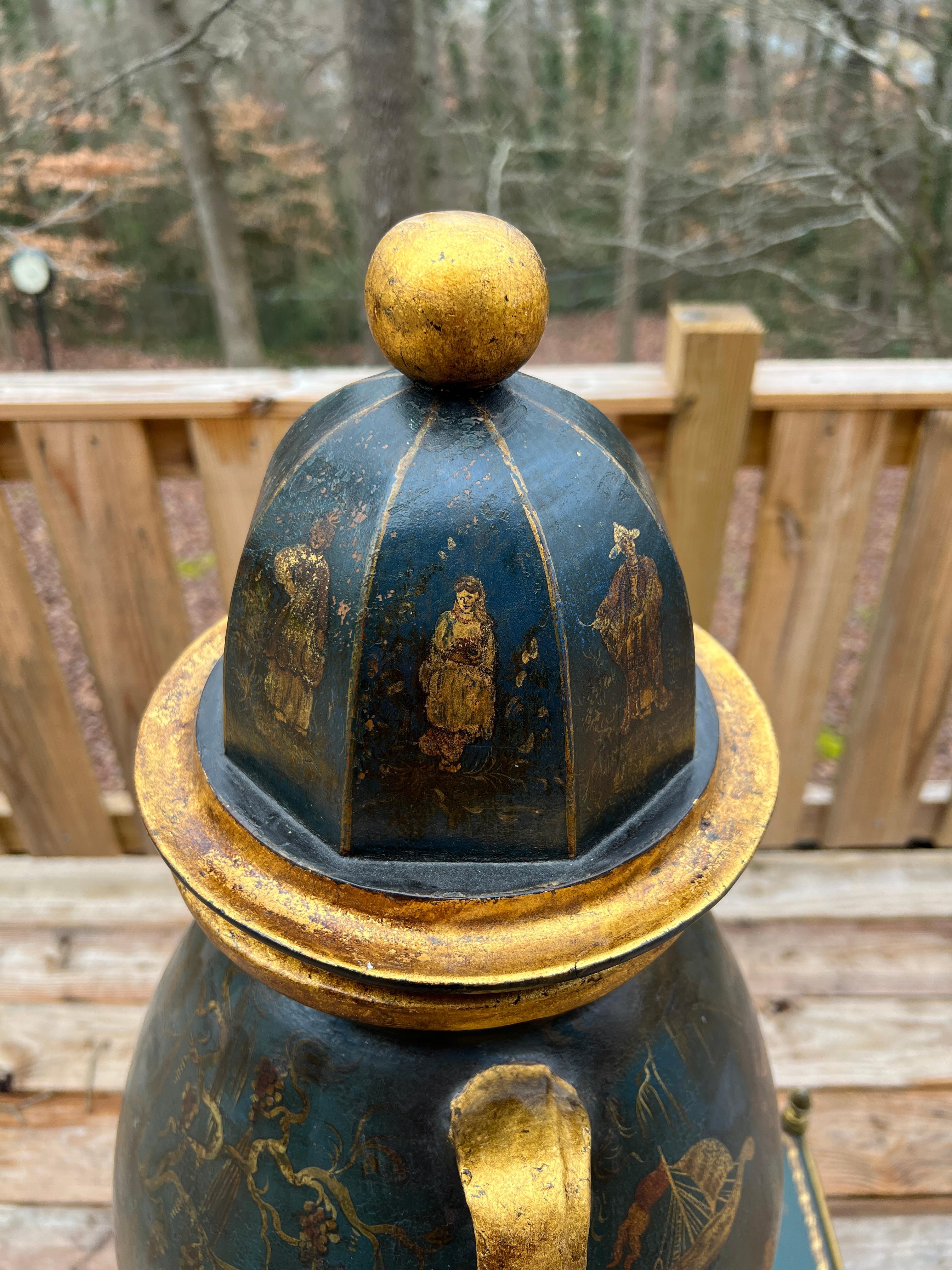Regency Chinoiserie Decorated Gilt Wood & Tole Handled Urn or Centerpiece C 1820 For Sale 5