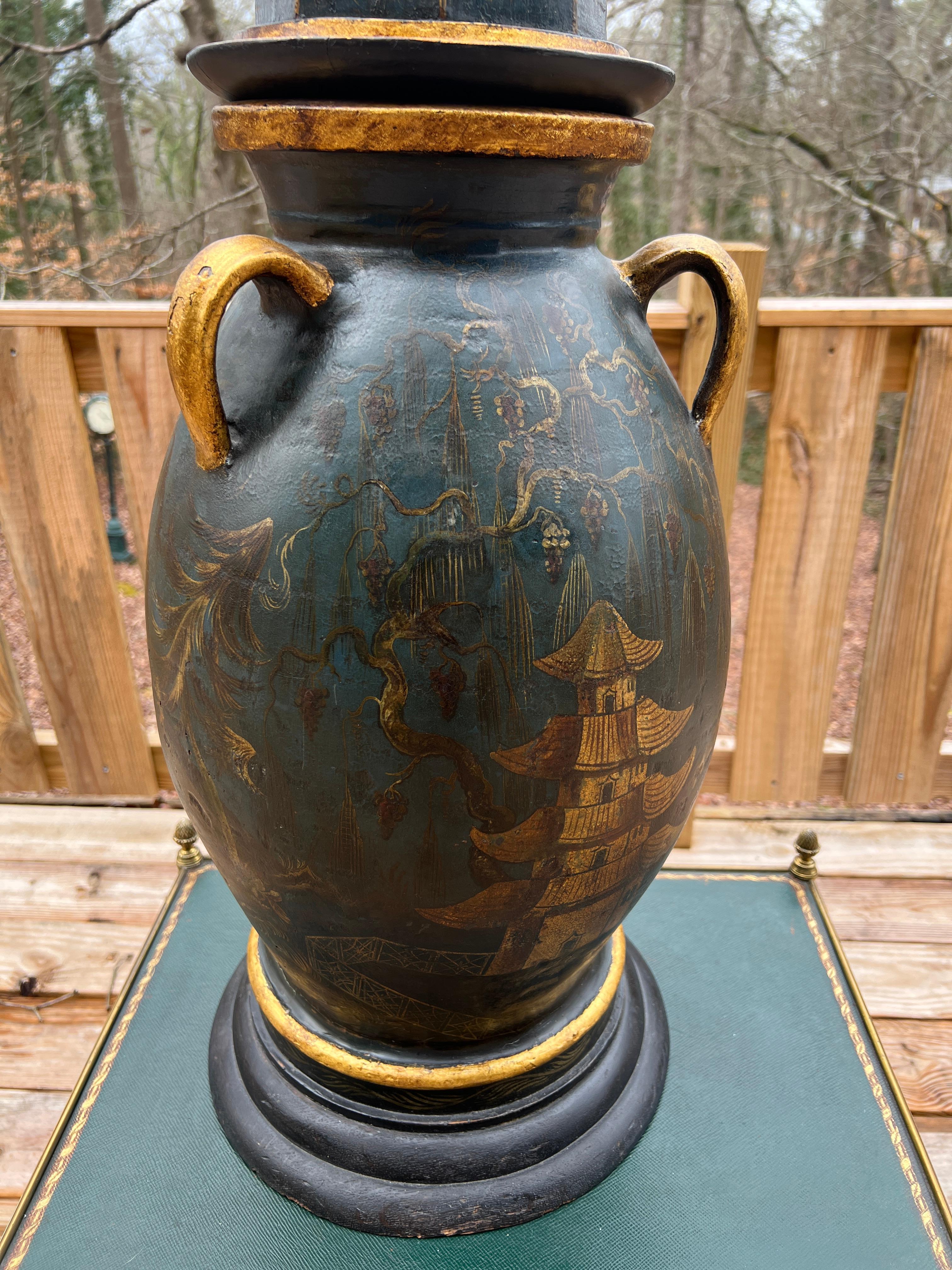 Regency Chinoiserie Decorated Gilt Wood & Tole Handled Urn or Centerpiece C 1820 In Good Condition For Sale In Atlanta, GA