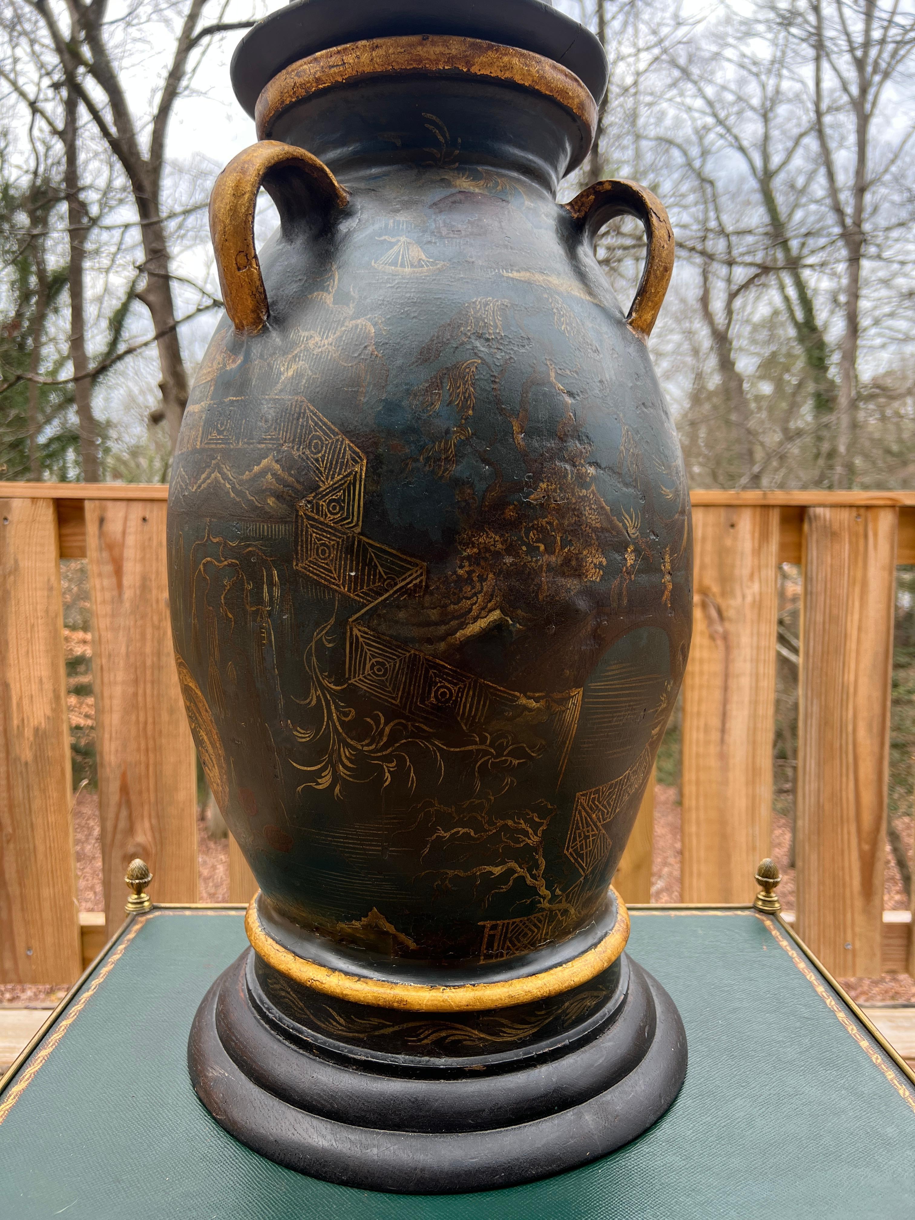 19th Century Regency Chinoiserie Decorated Gilt Wood & Tole Handled Urn or Centerpiece C 1820 For Sale