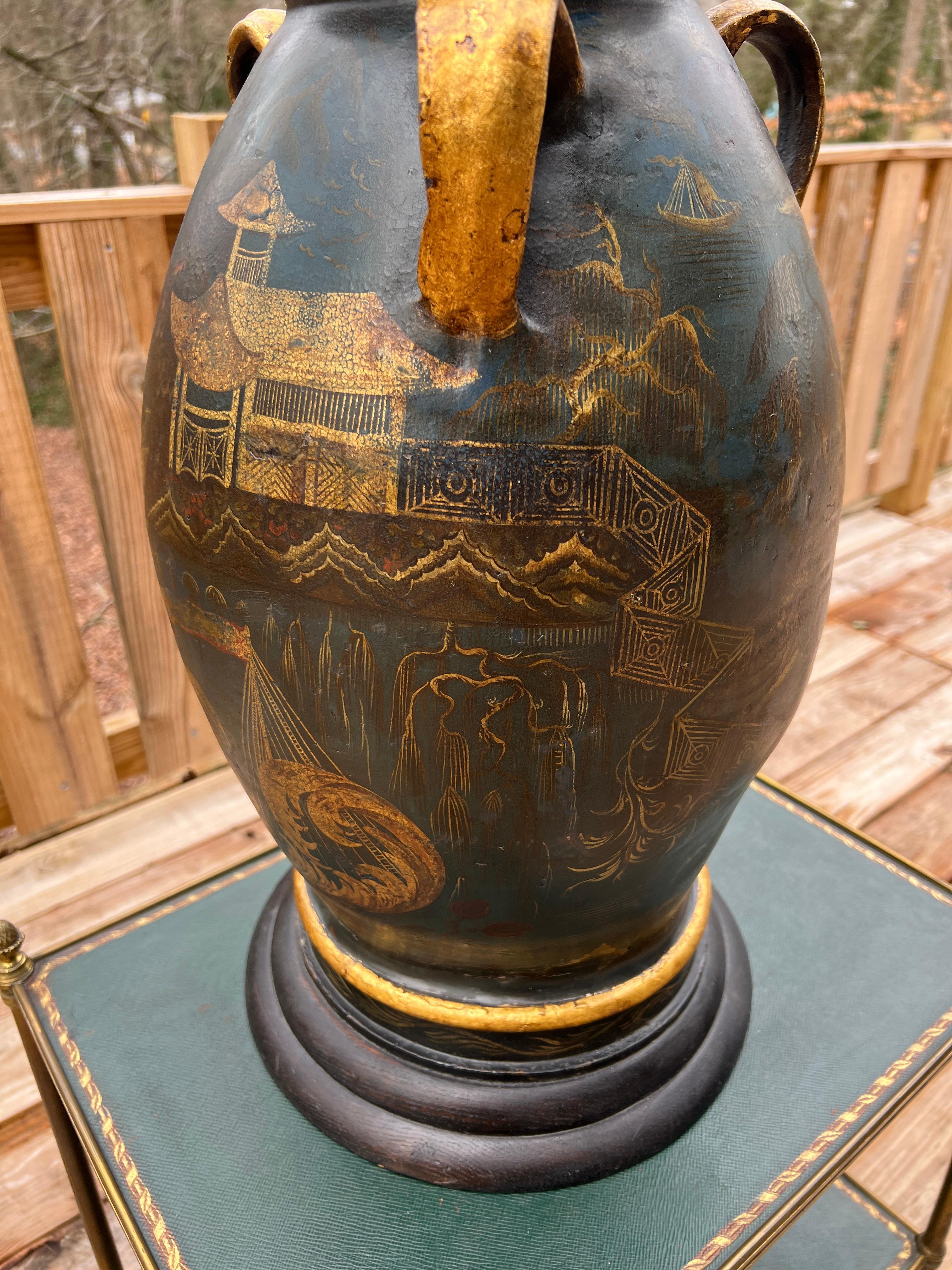 Regency Chinoiserie Decorated Gilt Wood & Tole Handled Urn or Centerpiece C 1820 For Sale 1