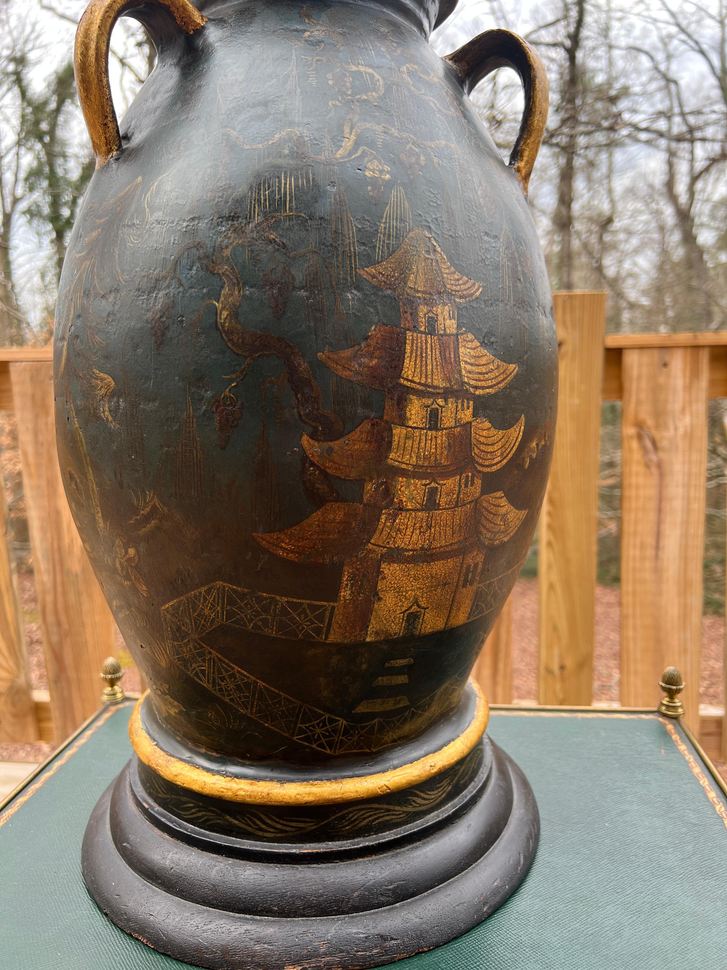 Regency Chinoiserie Decorated Gilt Wood & Tole Handled Urn or Centerpiece C 1820 For Sale 2