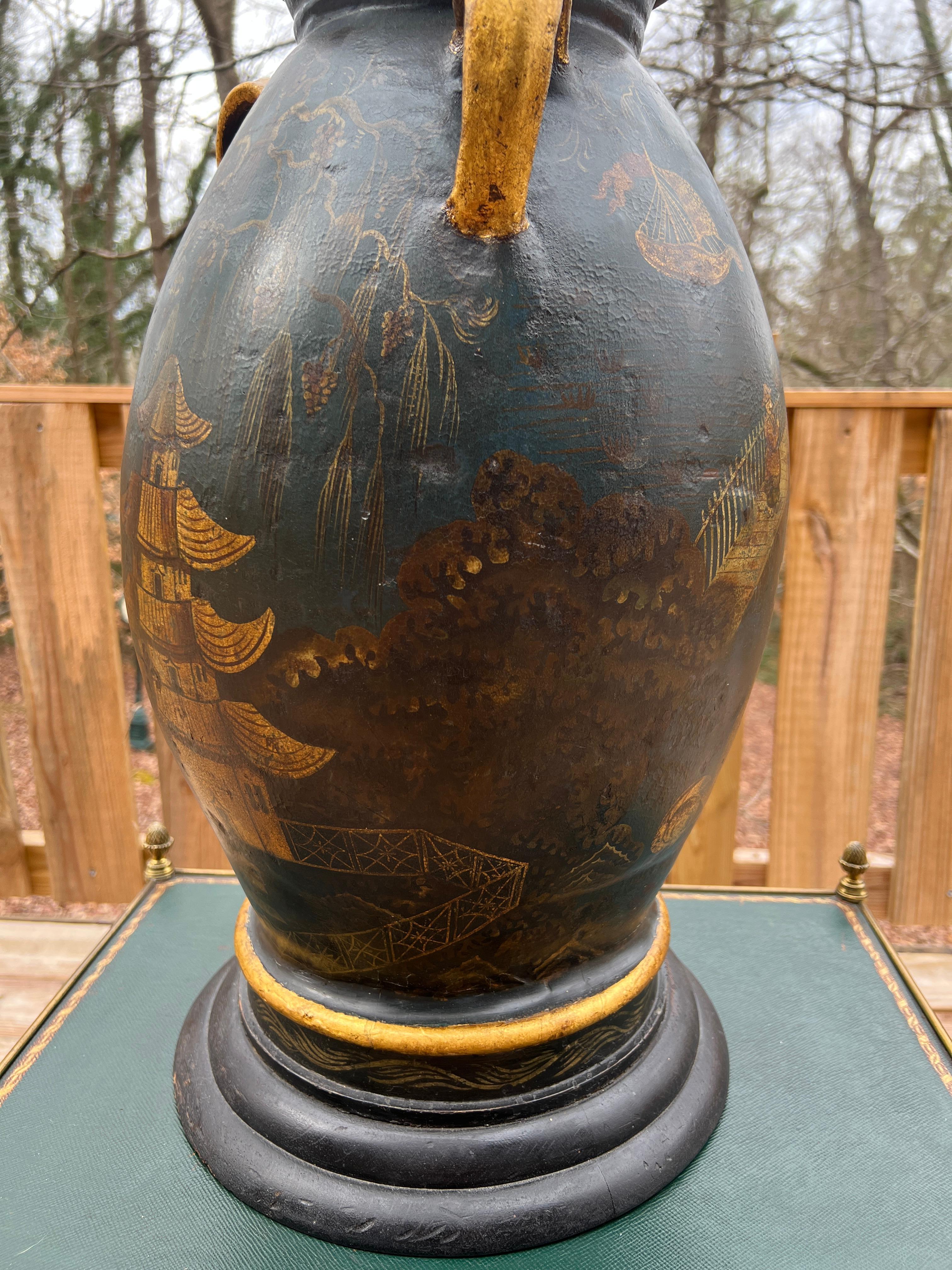 Regency Chinoiserie Decorated Gilt Wood & Tole Handled Urn or Centerpiece C 1820 For Sale 3