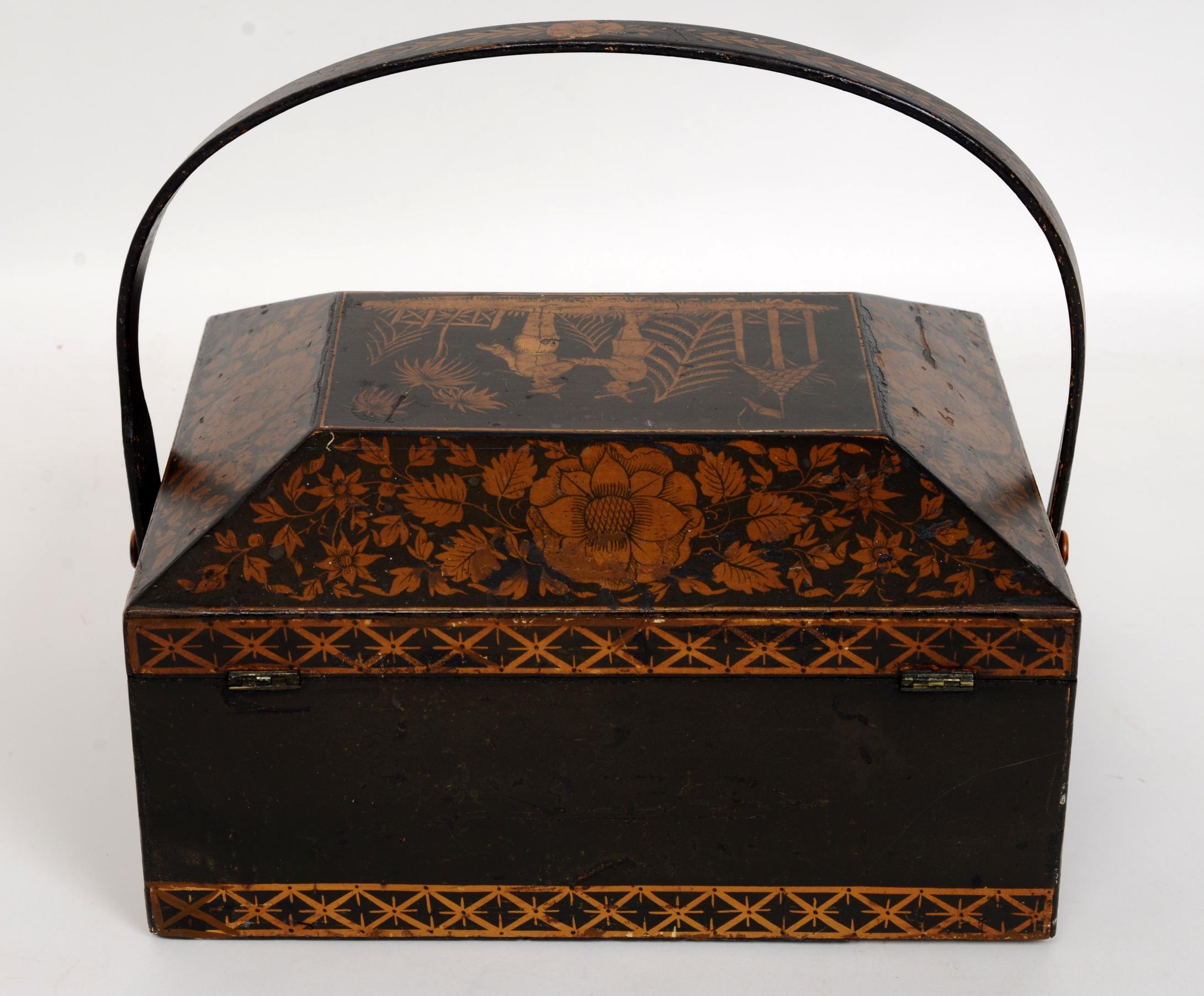 Painted Regency Chinoiserie Decorated Penwork Box with Swing Handle, circa 1810