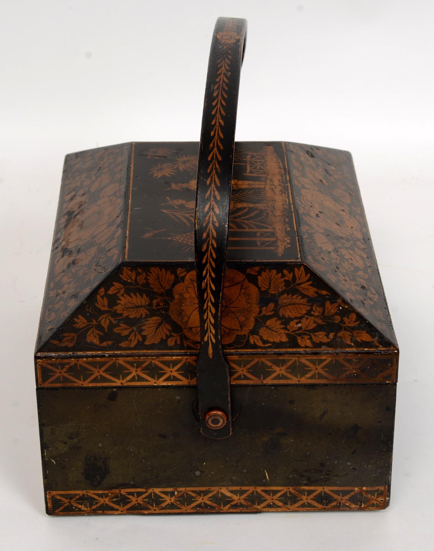 Regency Chinoiserie Decorated Penwork Box with Swing Handle, circa 1810 In Good Condition In valatie, NY