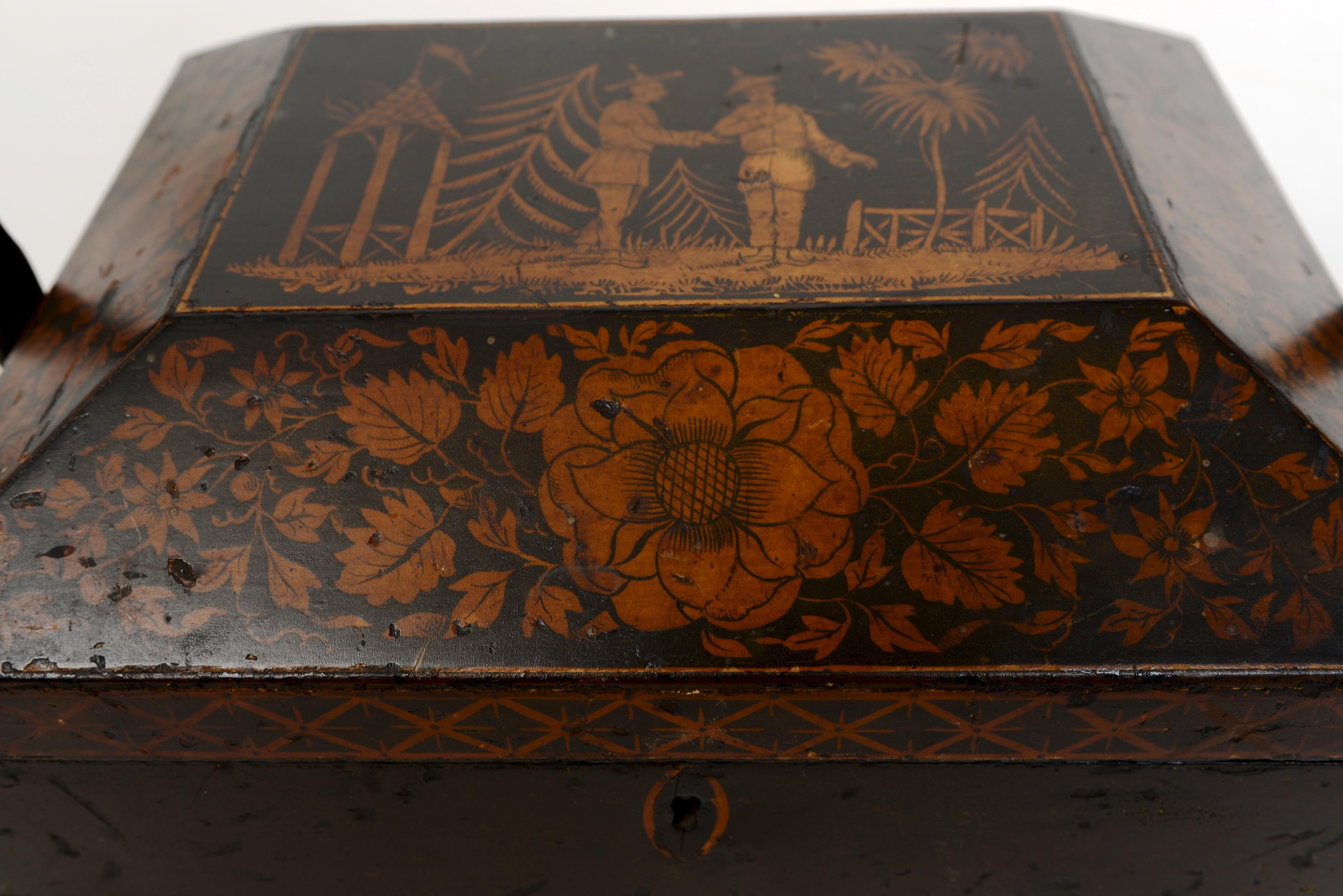 Wood Regency Chinoiserie Decorated Penwork Box with Swing Handle, circa 1810