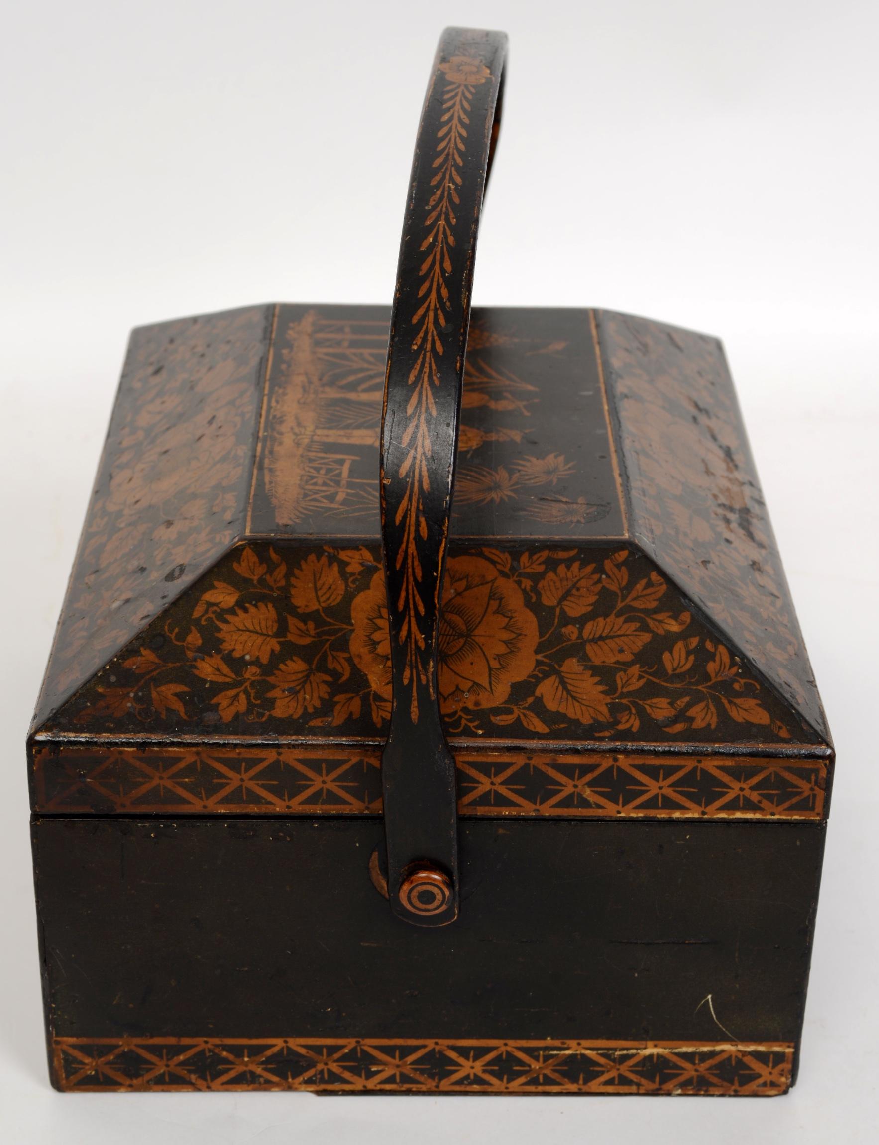 Regency Chinoiserie Decorated Penwork Box with Swing Handle, circa 1810 2