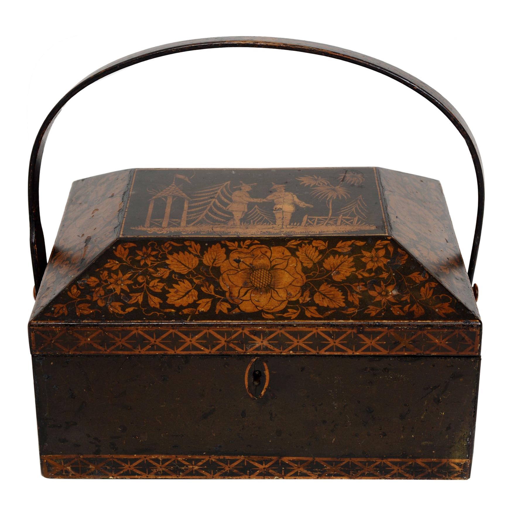 Regency Chinoiserie Decorated Penwork Box with Swing Handle, circa 1810