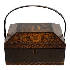 Antique Regency Chinoiserie Decorated Penwork Box with Swing Handle, circa 1810