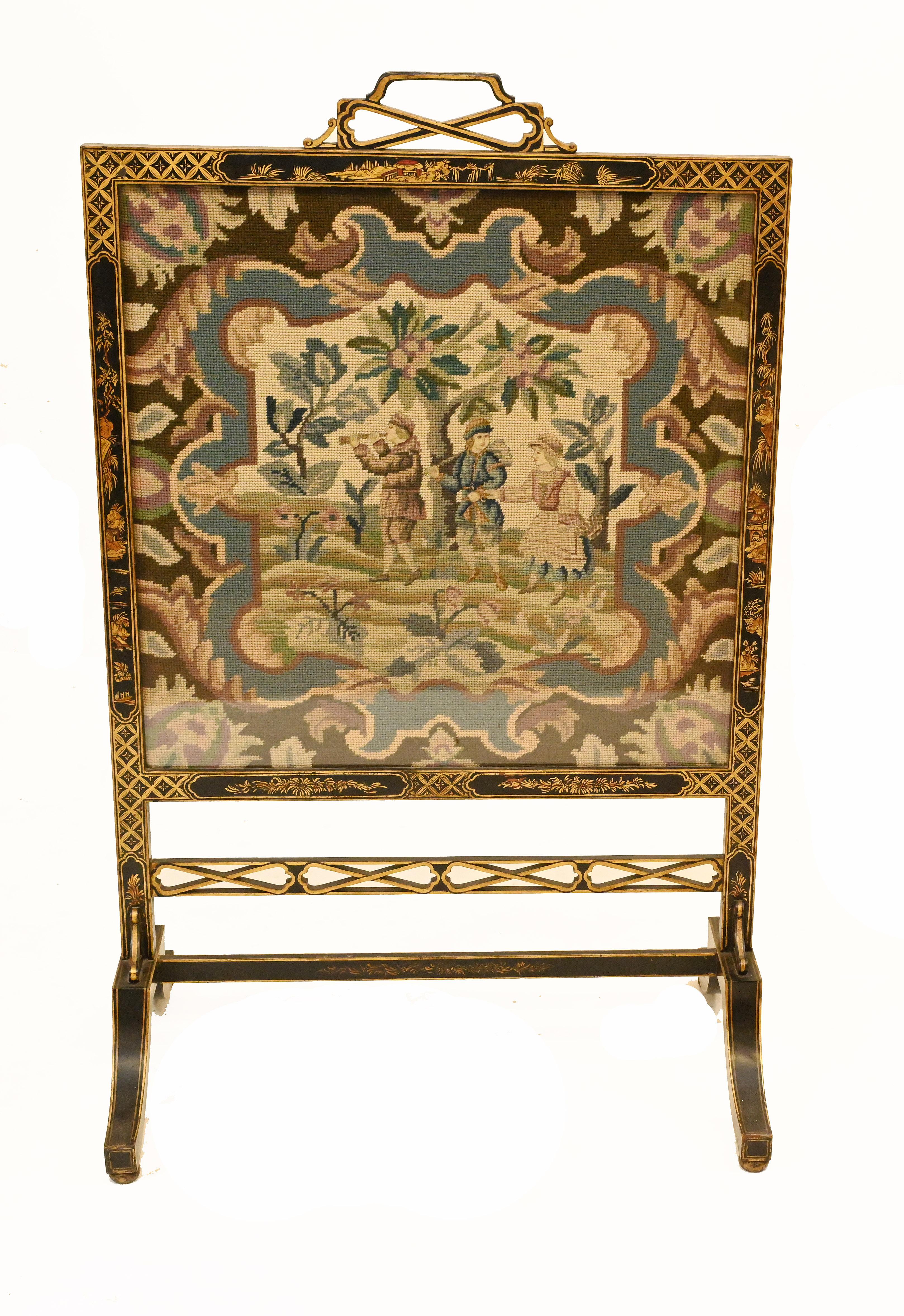 Quirky Regency lacquered screen housing a lovely tapestry
Lacquered frame features intricate hand painted Chinoiserie
Great decorative piece for the home, very collectable
The tapestry might be older and this piece was specially designed to house