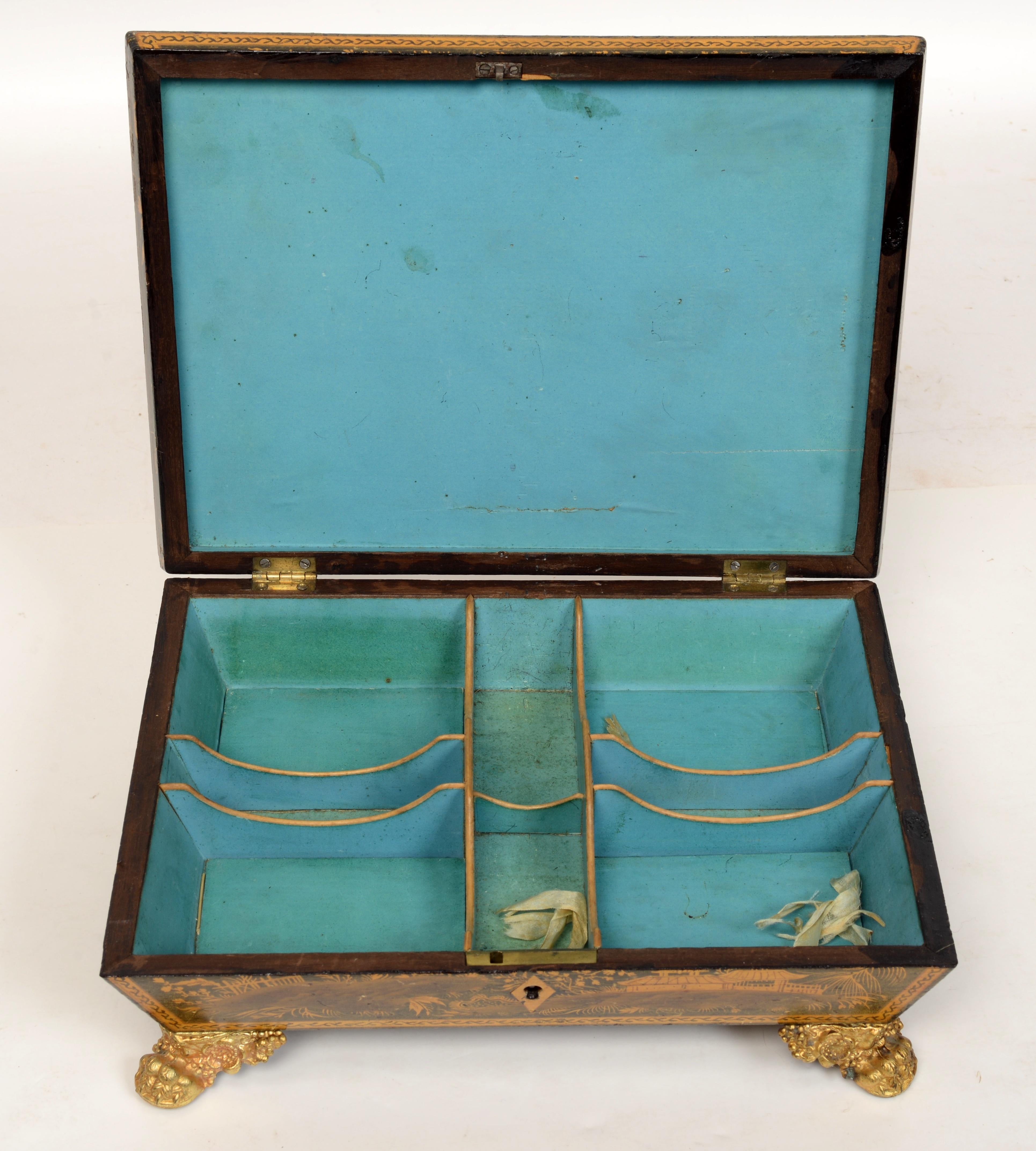 Regency Chinoiserie & Penwork Decorated Jewelry Box Blue Painted Fitted Interior For Sale 5