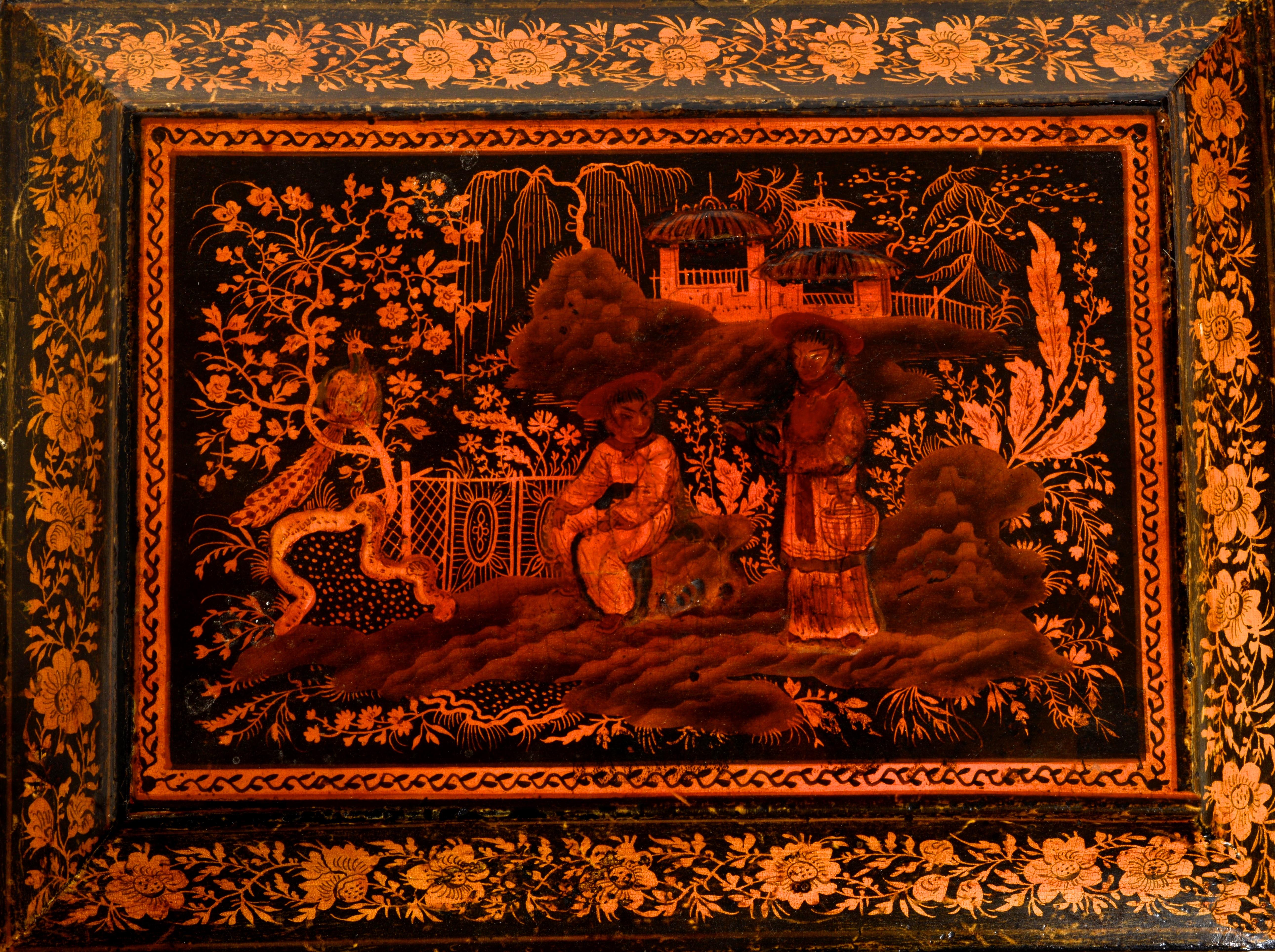 Caja de joyería decorada con Chinoiserie y Penwork de la Regencia Interior pintado de azul Inglés en venta