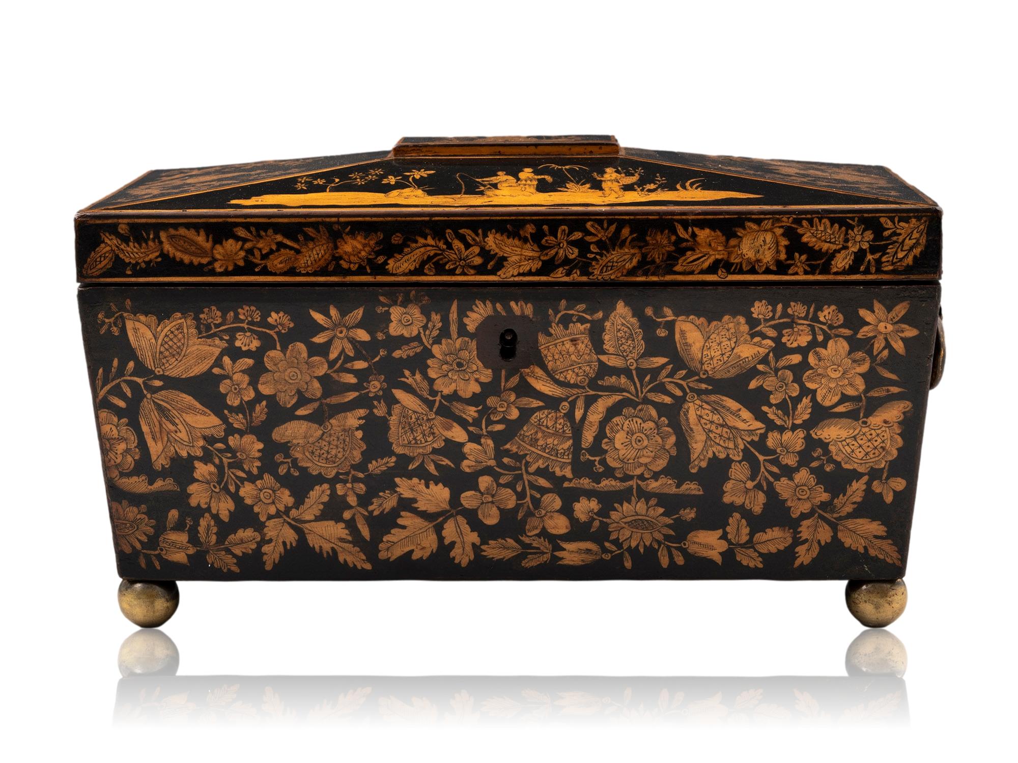 From our Tea Caddy collection, we are delighted to offer this Regency Chinoiserie Penwork Tea Chest. The Tea Chest of rectangular form sits upon four brass ball feet with matching brass twin loop handles to either side. Crafted from Sycamore the Tea