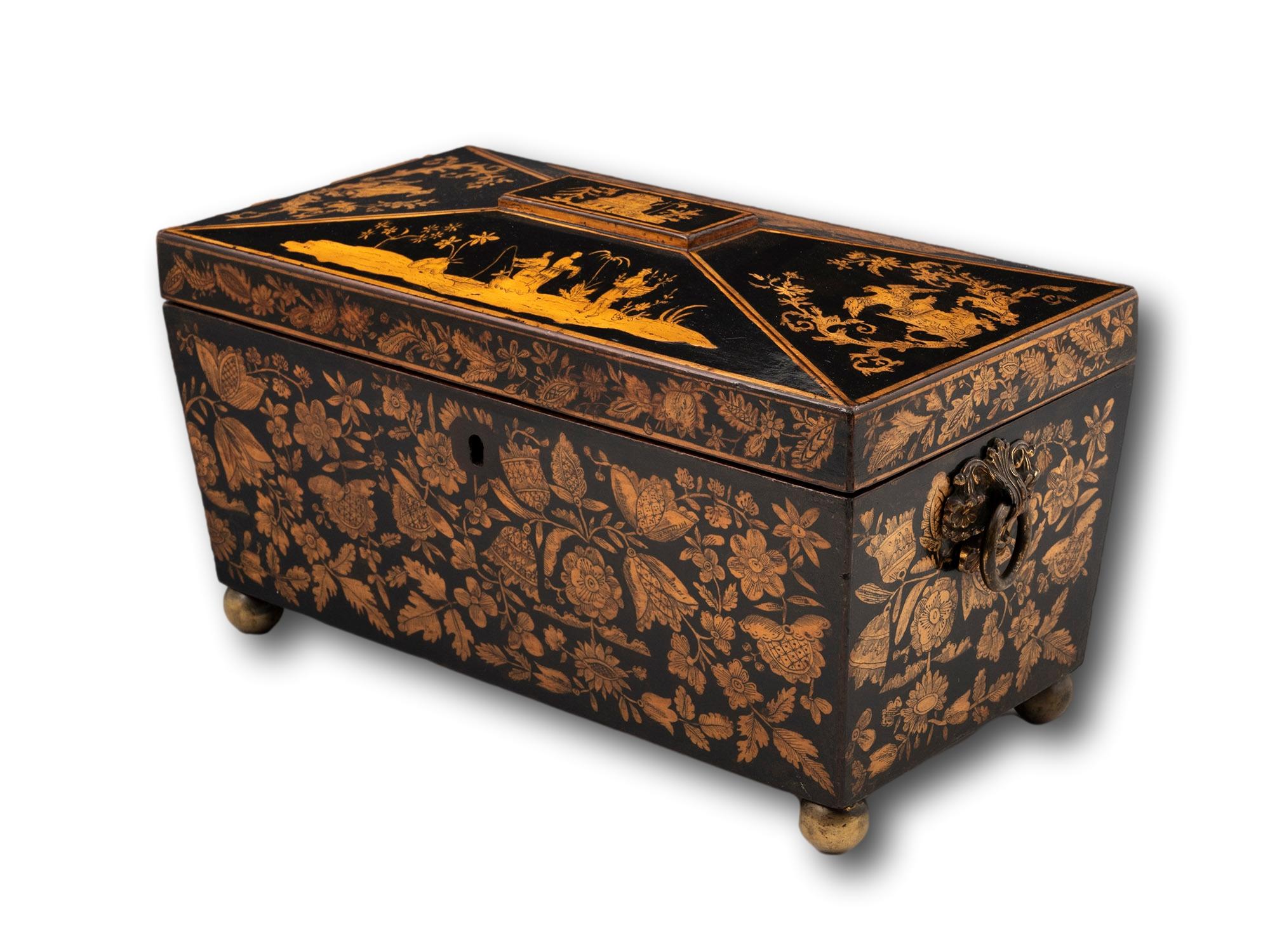 Hand-Crafted Regency Chinoiserie Penwork Tea Chest For Sale