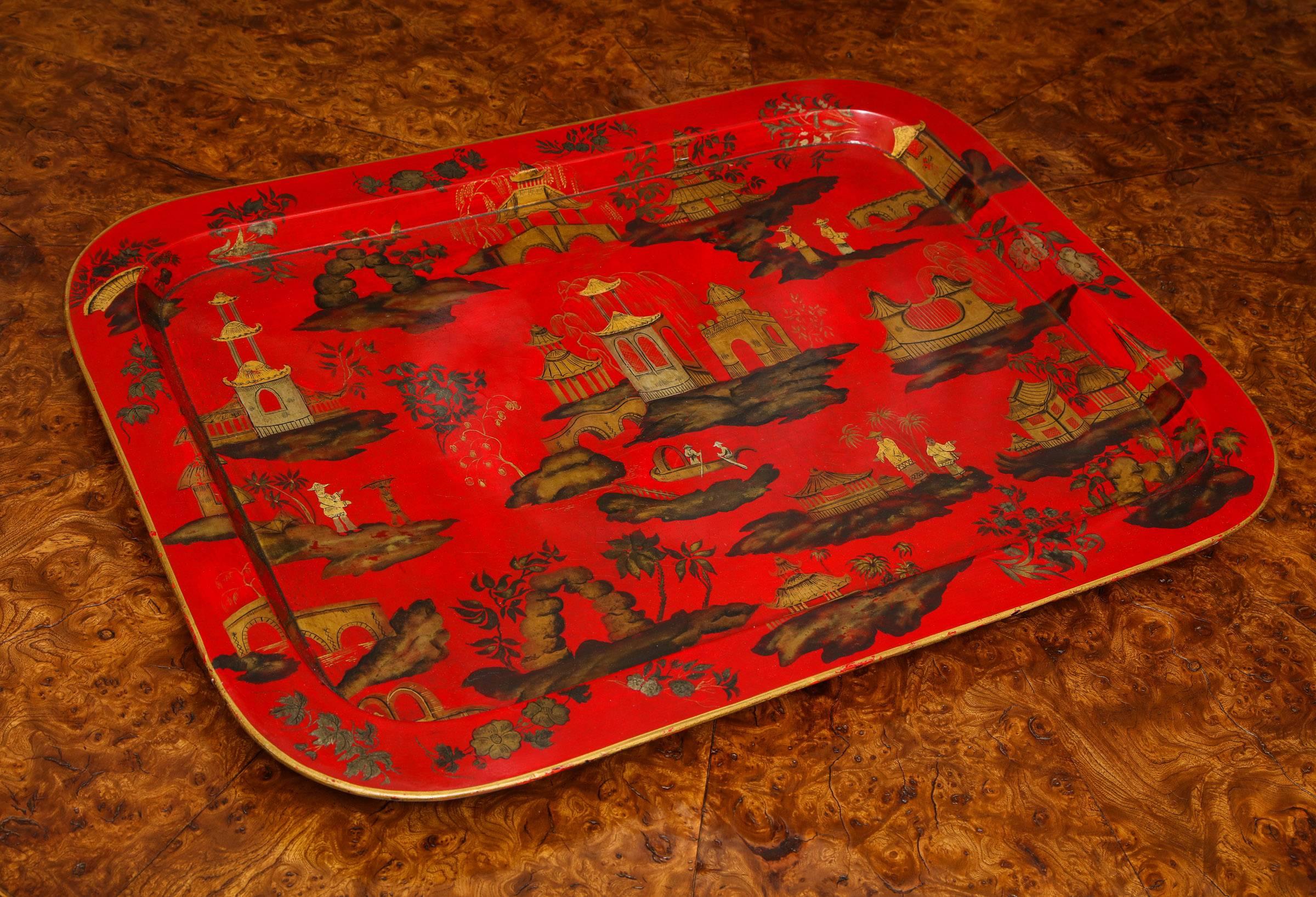Laminated Regency Chinoiserie Scarlet Papier Mâché Tray English, circa 1820 In Stock For Sale