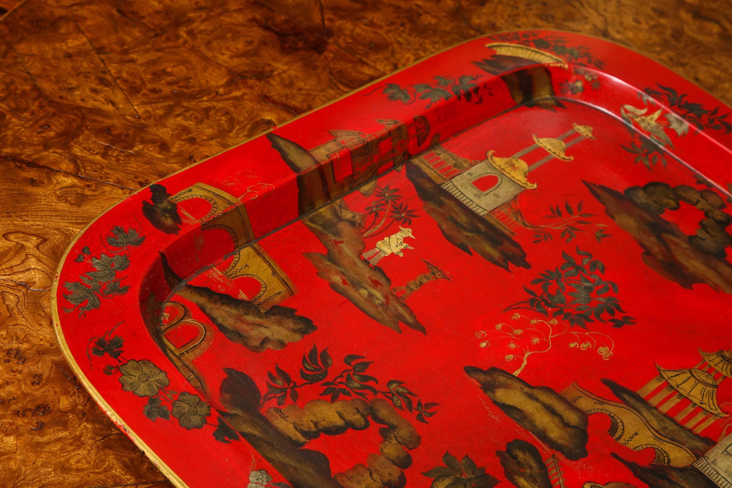 Regency Chinoiserie Scarlet Papier Mâché Tray English, circa 1820 In Stock In Good Condition For Sale In New York, NY