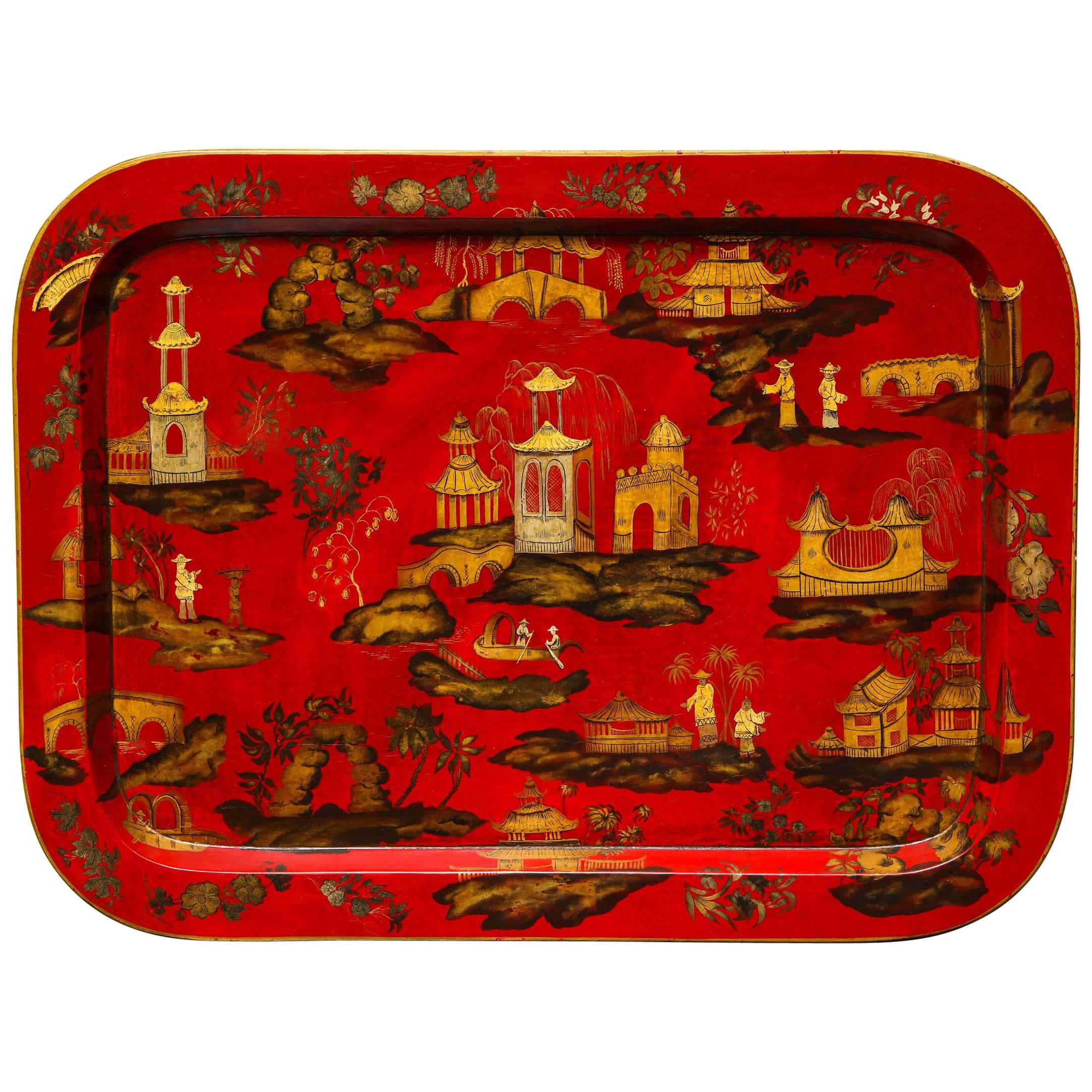 Regency Chinoiserie Scarlet Papier Mâché Tray English, circa 1820 In Stock For Sale