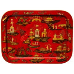 Antique Regency Chinoiserie Scarlet Papier Mâché Tray English, circa 1820 In Stock