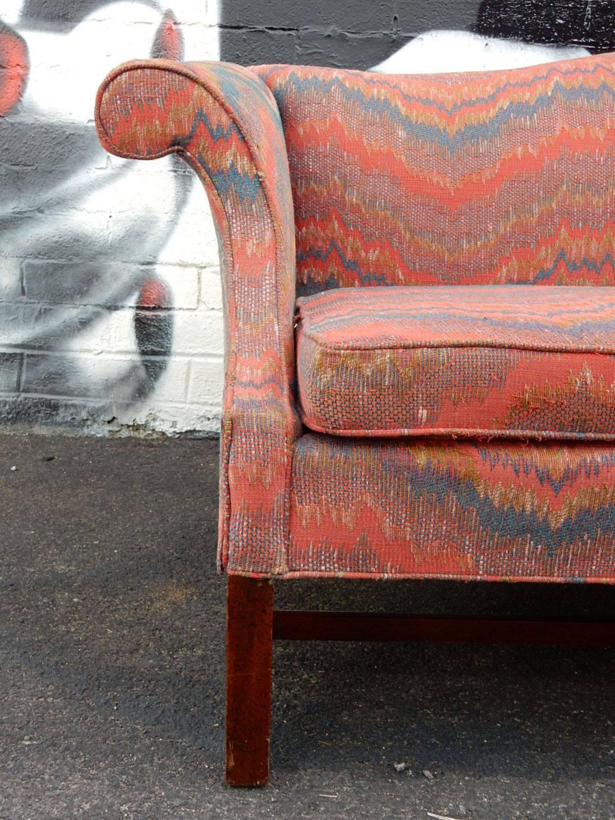 Wood Regency Chippendale Camelback Sofa in Missoni Inspired Upholstery