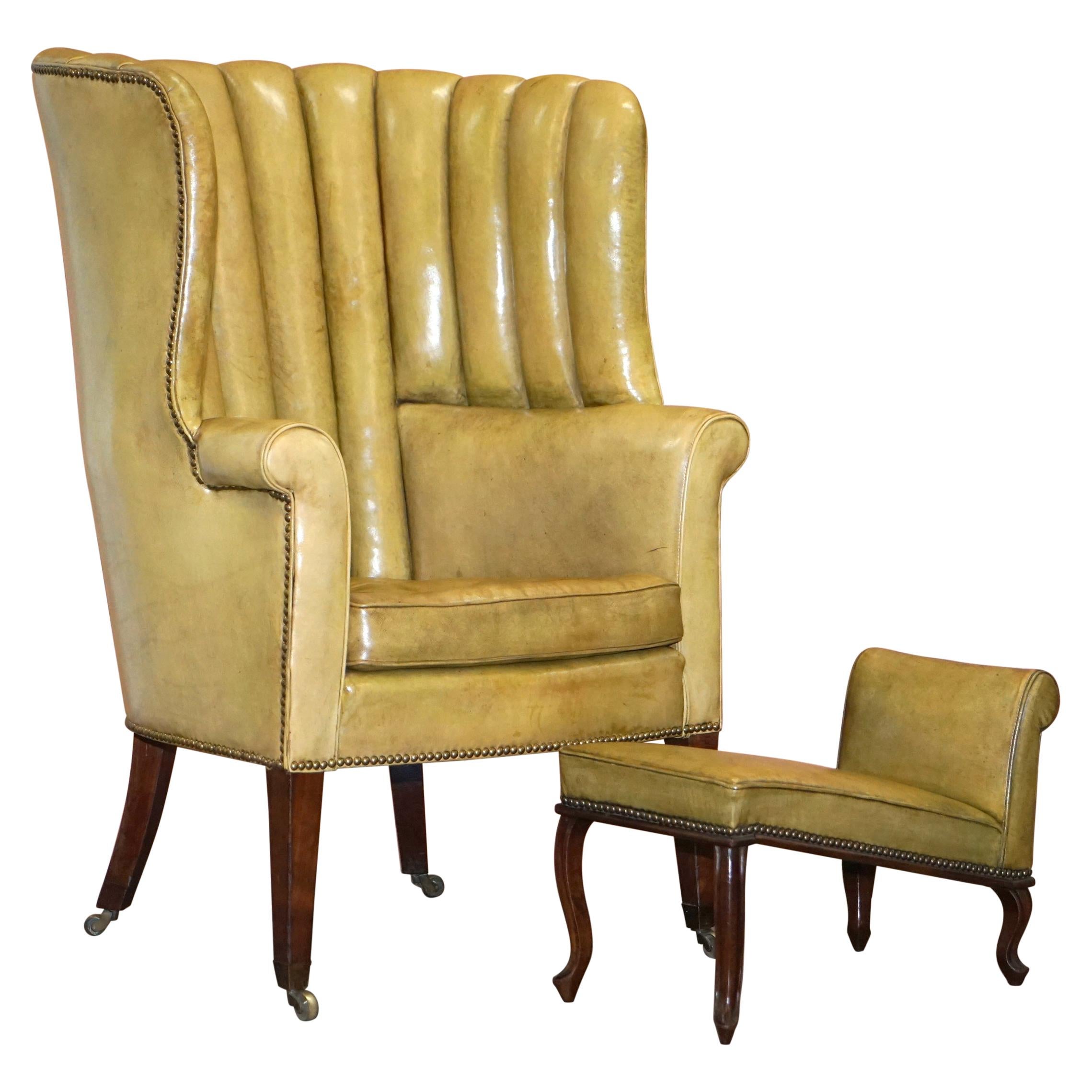 Regency circa 1815 Fluted Barrel Back Leather Wing Armchair and Matching Stool